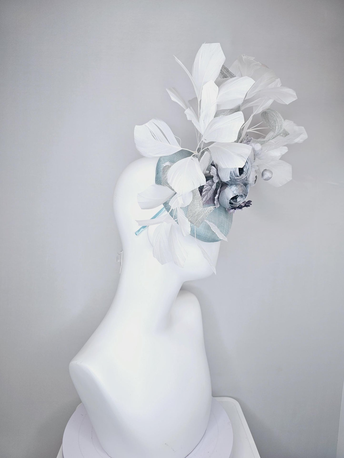 kentucky derby hat fascinator light blue sinamay with curls, silver light gray purple ombre satin flowers,white silver leaves,white feathers