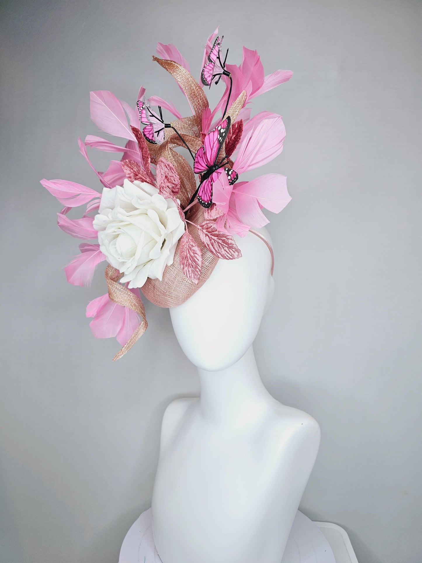 kentucky derby hat fascinator blush pink sinamay w/ curls,ivory white satin rose,light rose pink leaves,pink feathers,pink black butterflies