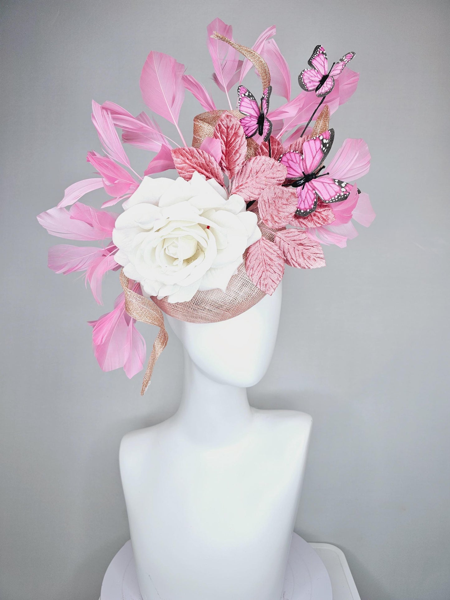 kentucky derby hat fascinator blush pink sinamay w/ curls,ivory white satin rose,light rose pink leaves,pink feathers,pink black butterflies