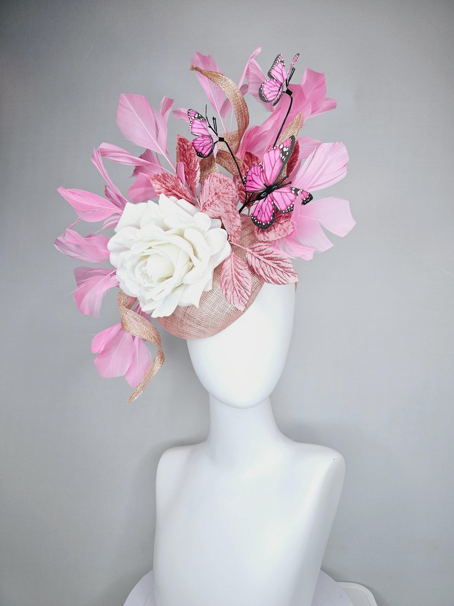 kentucky derby hat fascinator blush pink sinamay w/ curls,ivory white satin rose,light rose pink leaves,pink feathers,pink black butterflies