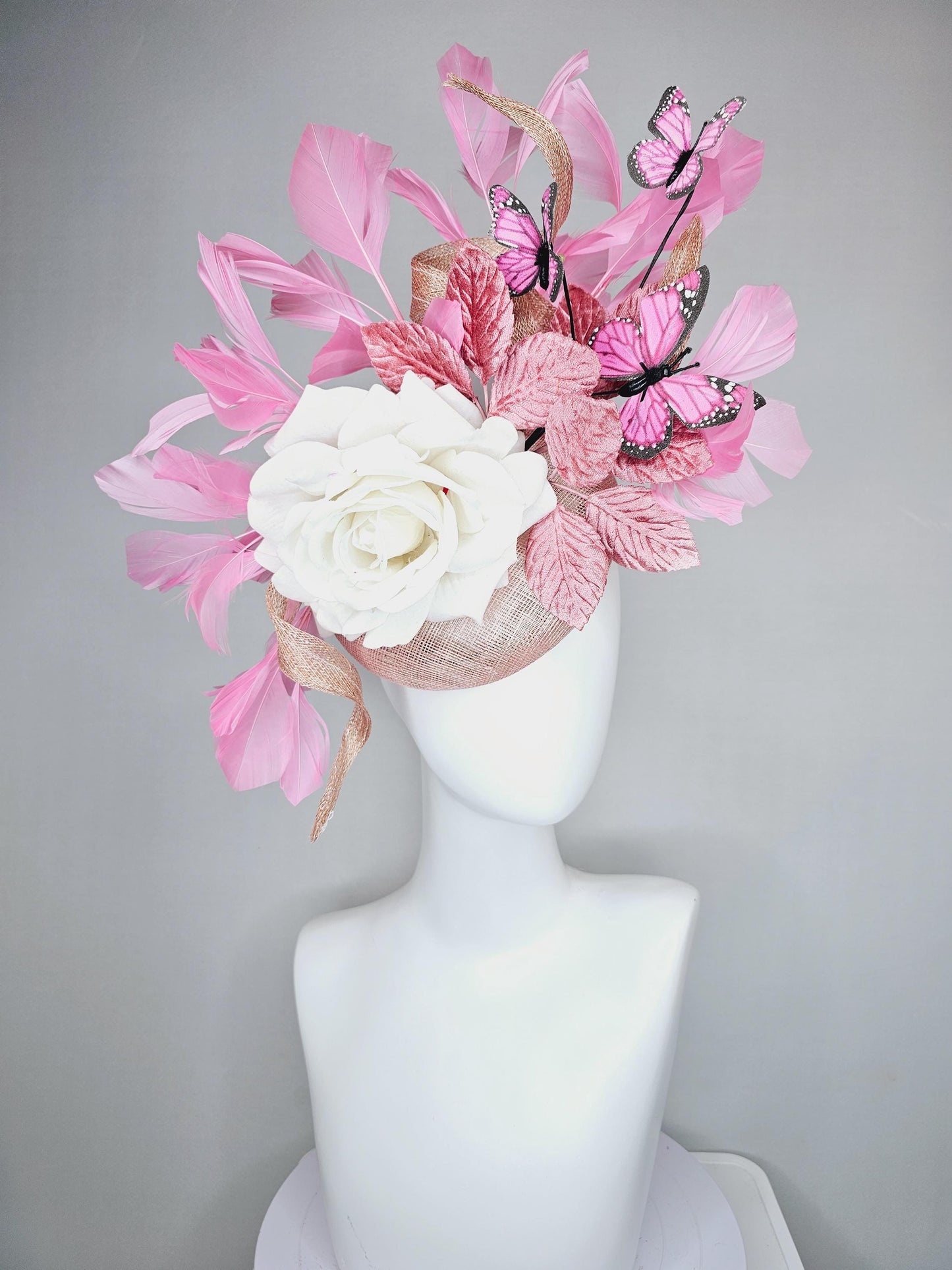 kentucky derby hat fascinator blush pink sinamay w/ curls,ivory white satin rose,light rose pink leaves,pink feathers,pink black butterflies