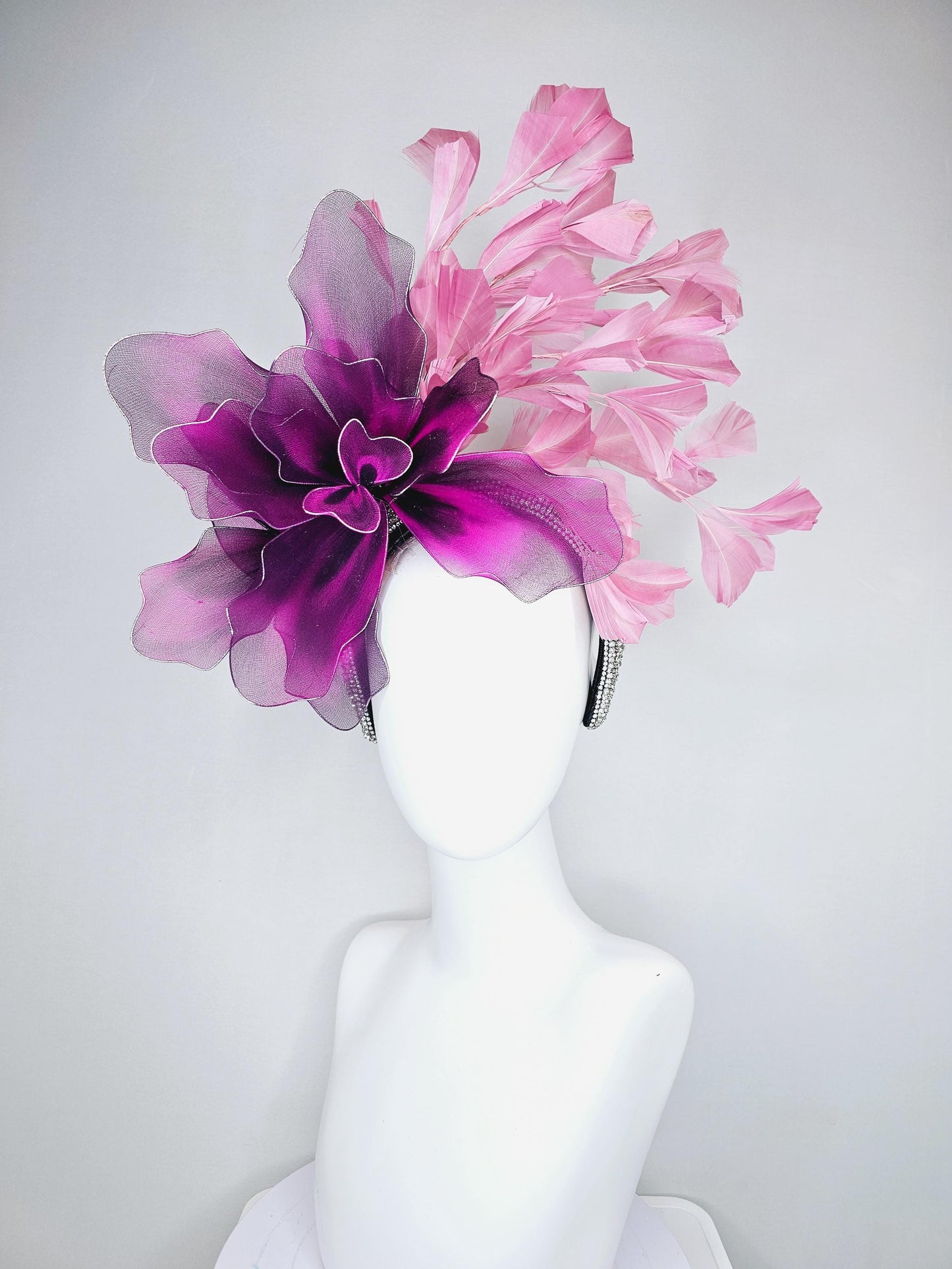 kentucky derby hat fascinator crystal rhinestone headband,large black fuchsia purple tie dye wire mesh flower, blush pink branching feathers