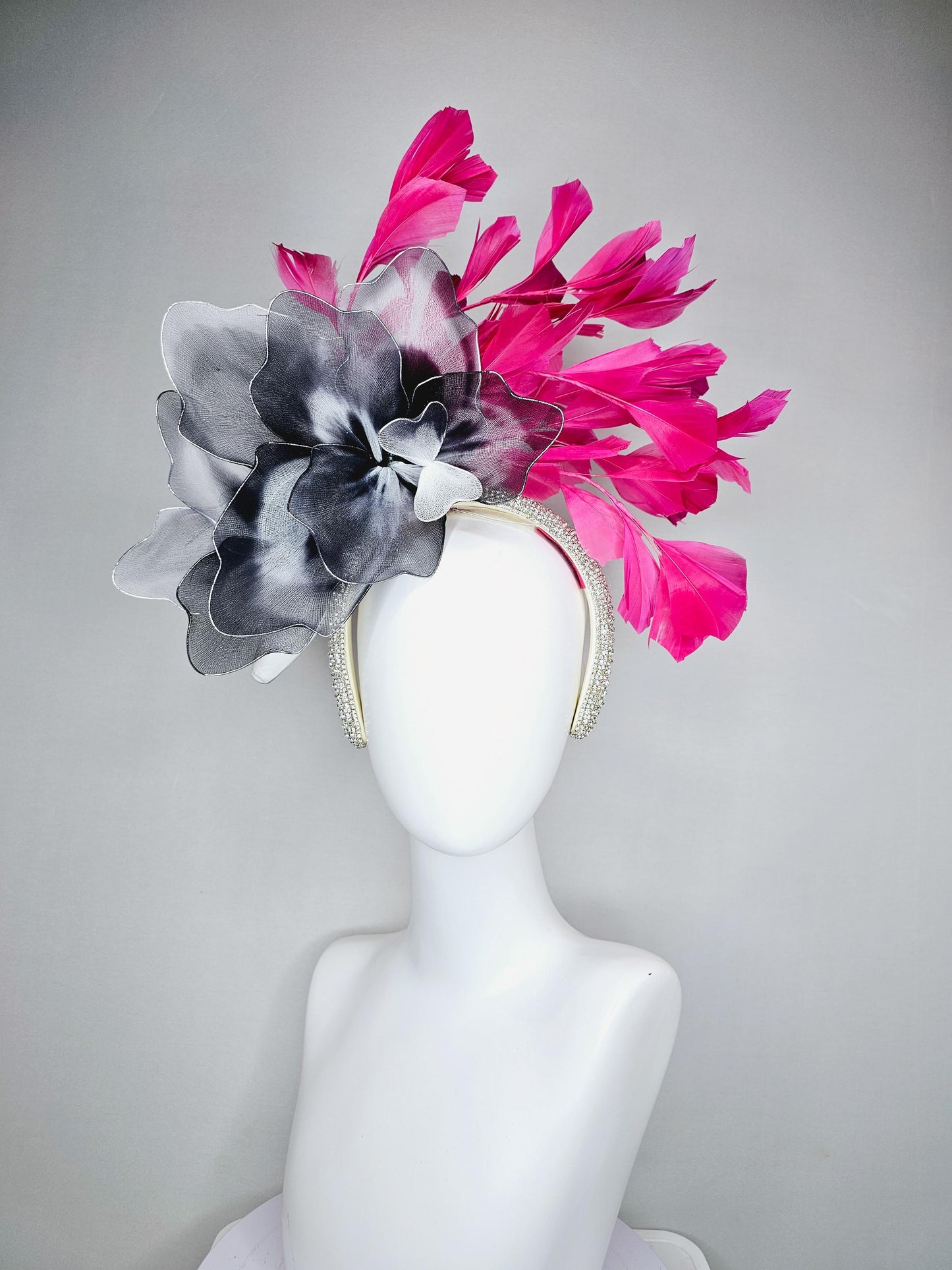 kentucky derby hat fascinator crystal rhinestone headband with large black and white tie dye wire mesh flower, hot pink branching feathers