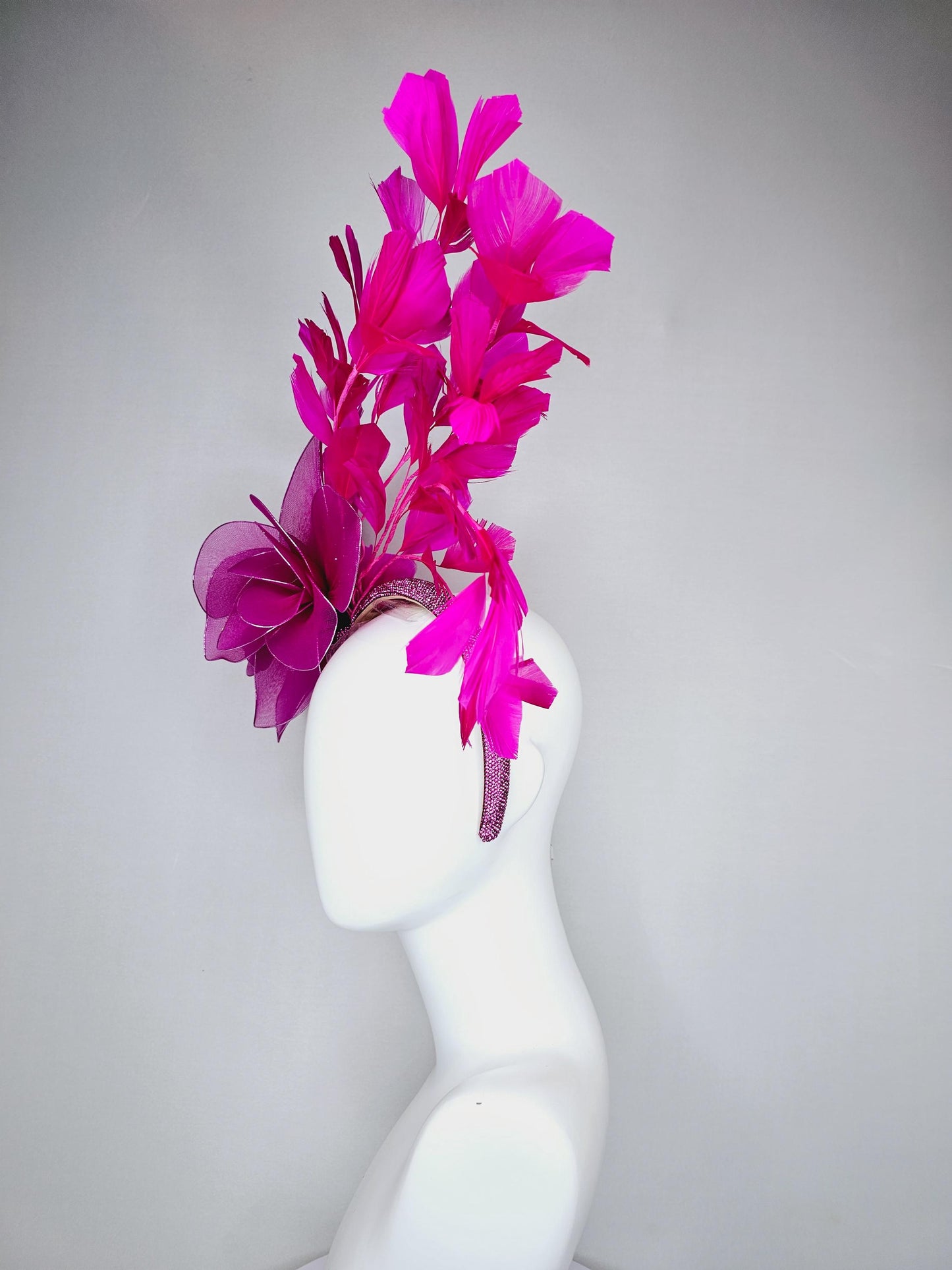 kentucky derby hat fascinator pink crystal rhinestone headband large magenta purple pink wire mesh flower fuchsia pink branching feathers