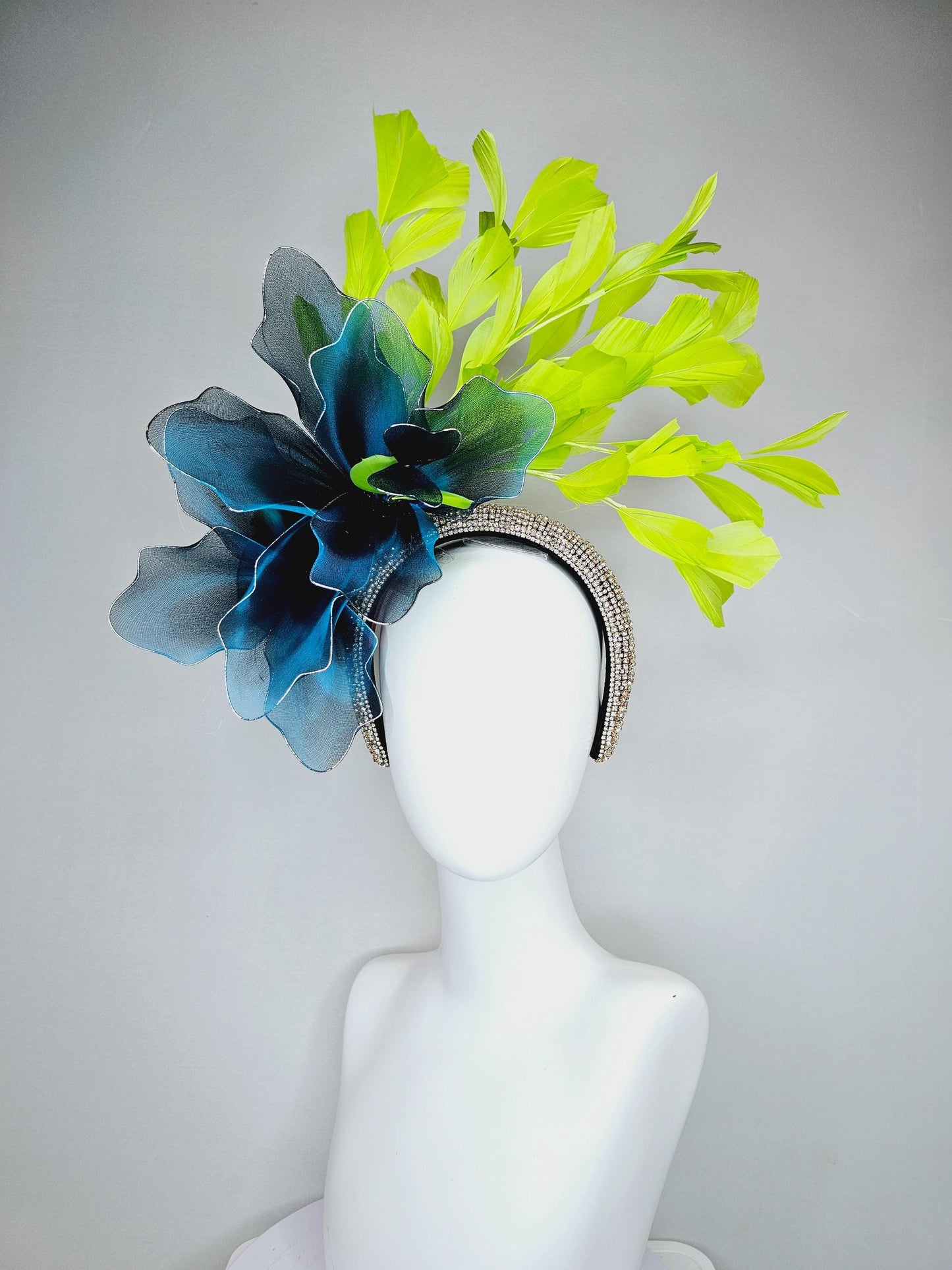 kentucky derby hat fascinator crystal rhinestone headband, large dark teal sky blue tie dye wire mesh flower, lime green branching feathers