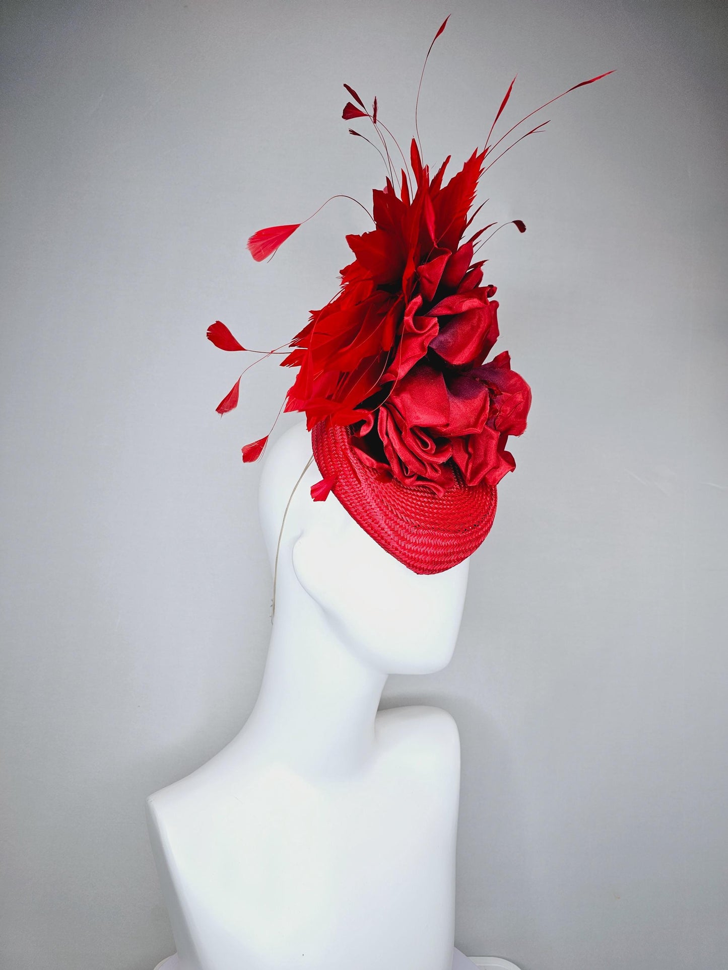 kentucky derby hat fascinator scarlet red woven base,large red purple satin silk rose flower,red leaves and cherry red branching feathers