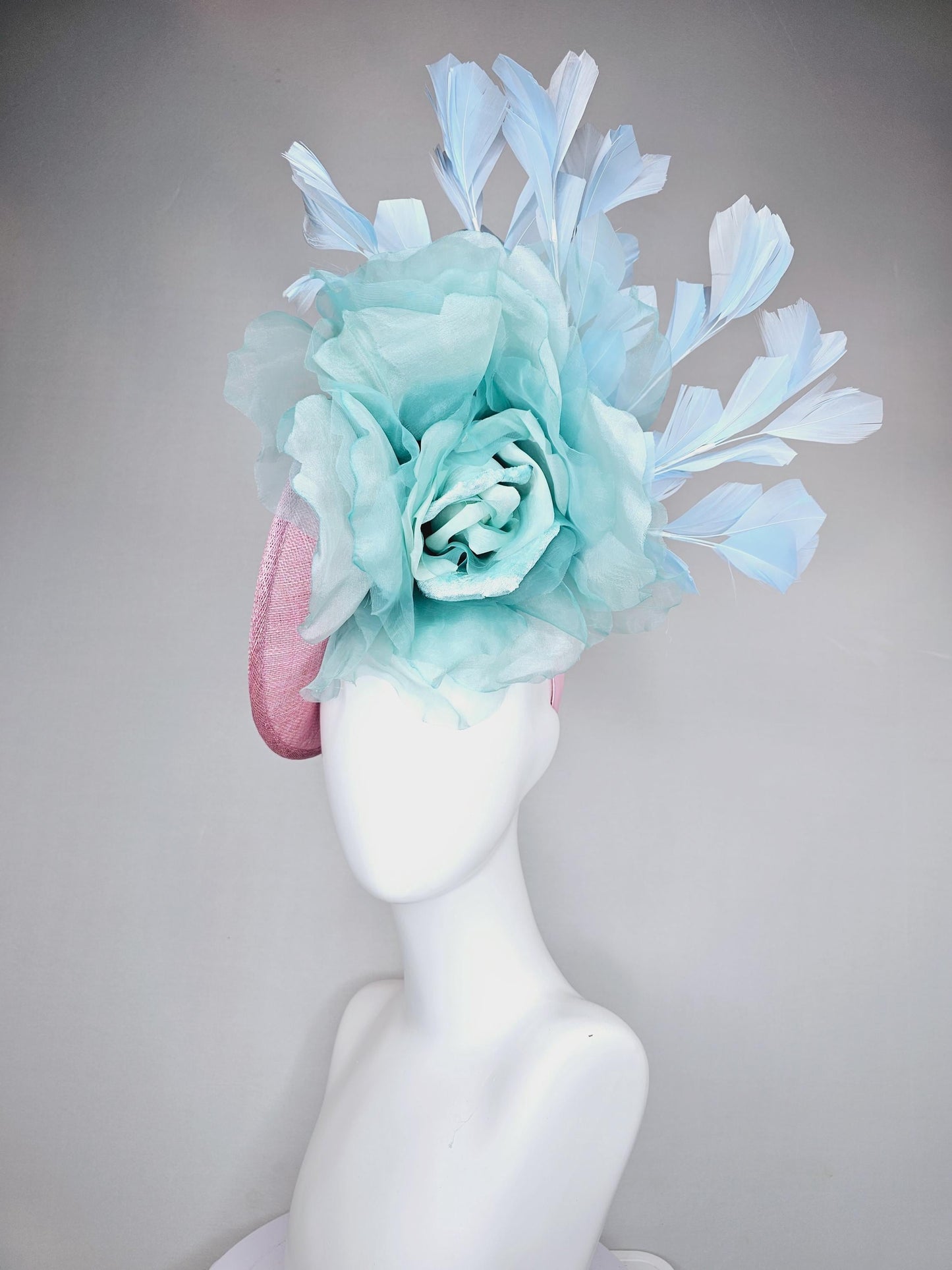 kentucky derby hat fascinator light pink sinamay saucer with large mint green organza satin rose and light baby blue branching feathers