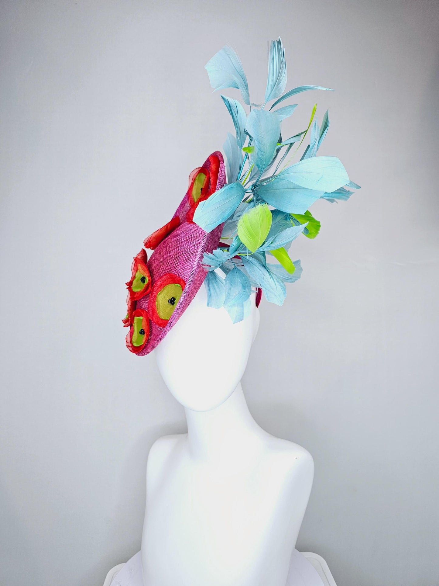 kentucky derby hat fascinator hot pink saucer with red green organza embroidered flowers,lime yellow green and sky blue branching feathers