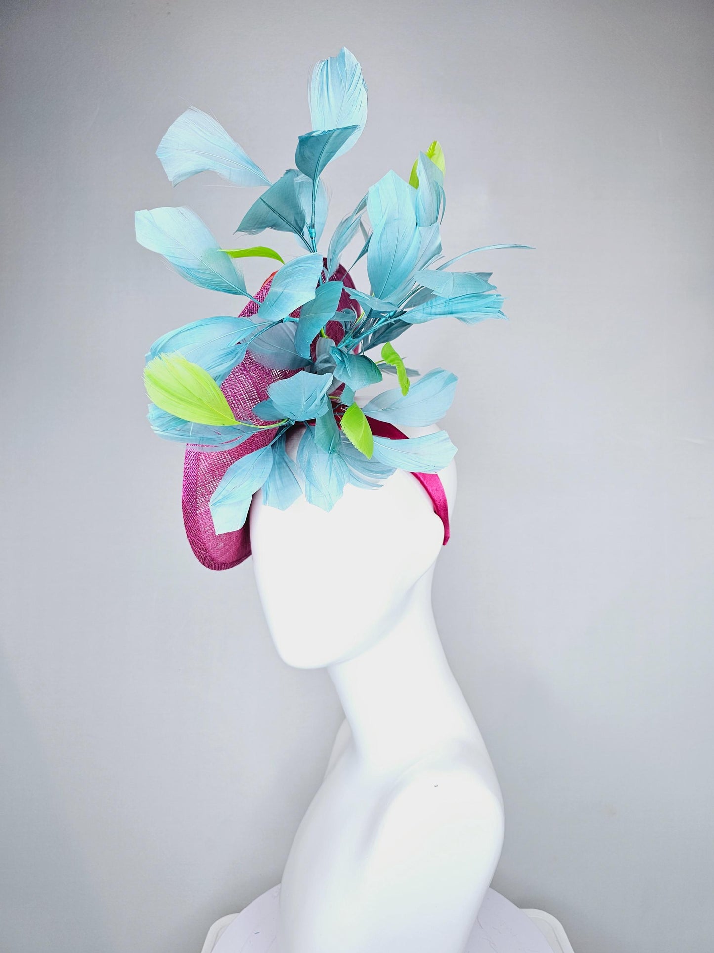 kentucky derby hat fascinator hot pink saucer with red green organza embroidered flowers,lime yellow green and sky blue branching feathers