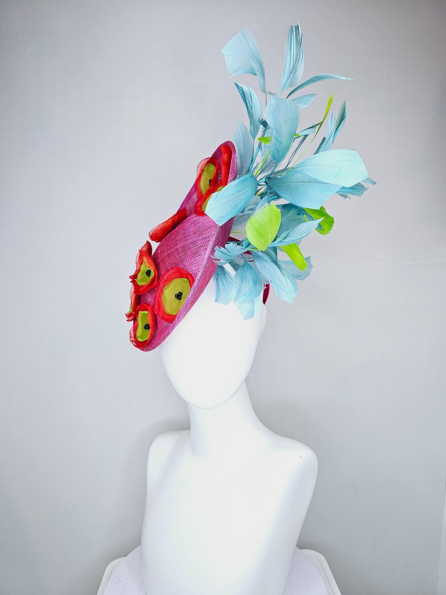 kentucky derby hat fascinator hot pink saucer with red green organza embroidered flowers,lime yellow green and sky blue branching feathers