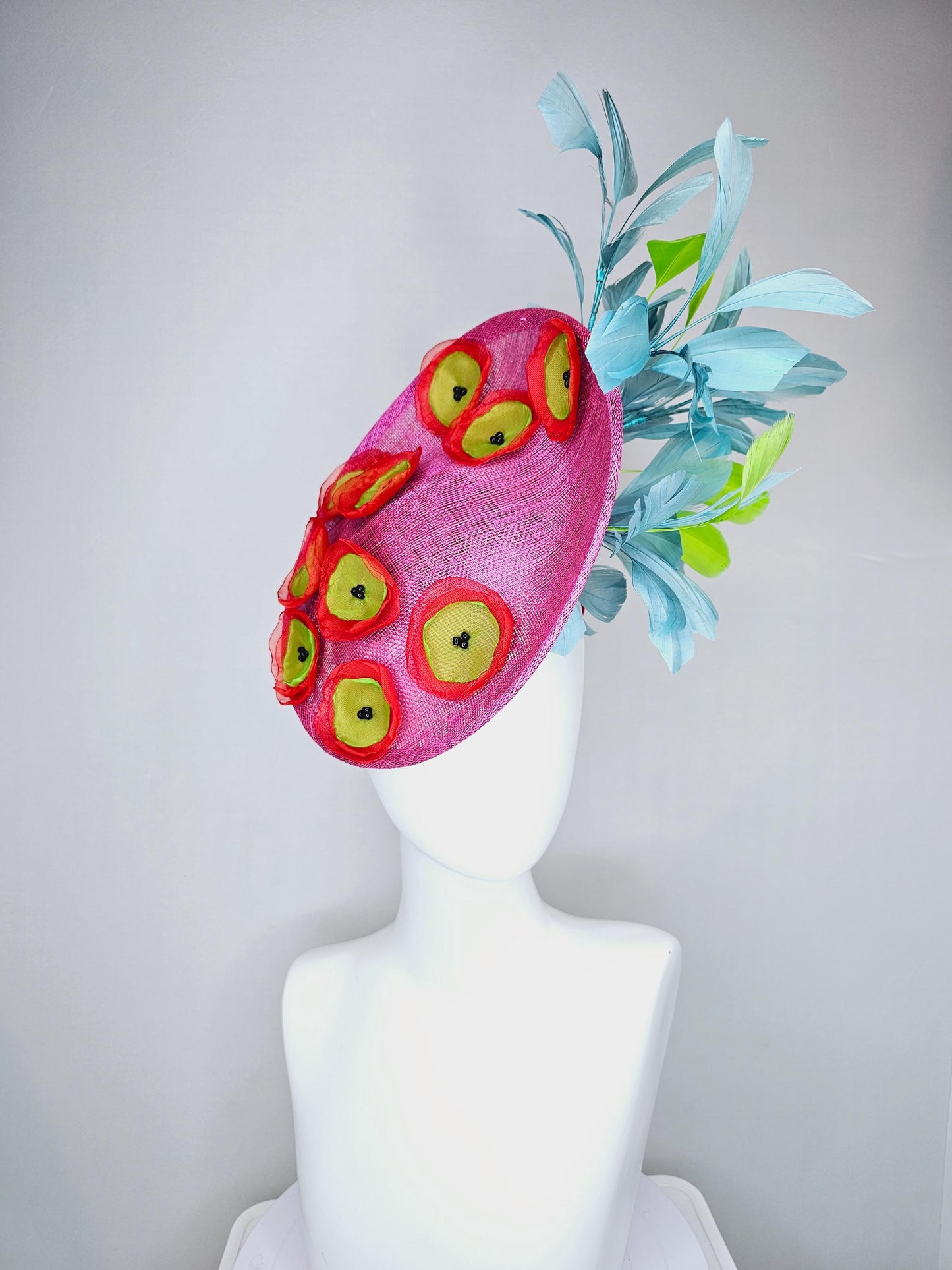 kentucky derby hat fascinator hot pink saucer with red green organza embroidered flowers,lime yellow green and sky blue branching feathers