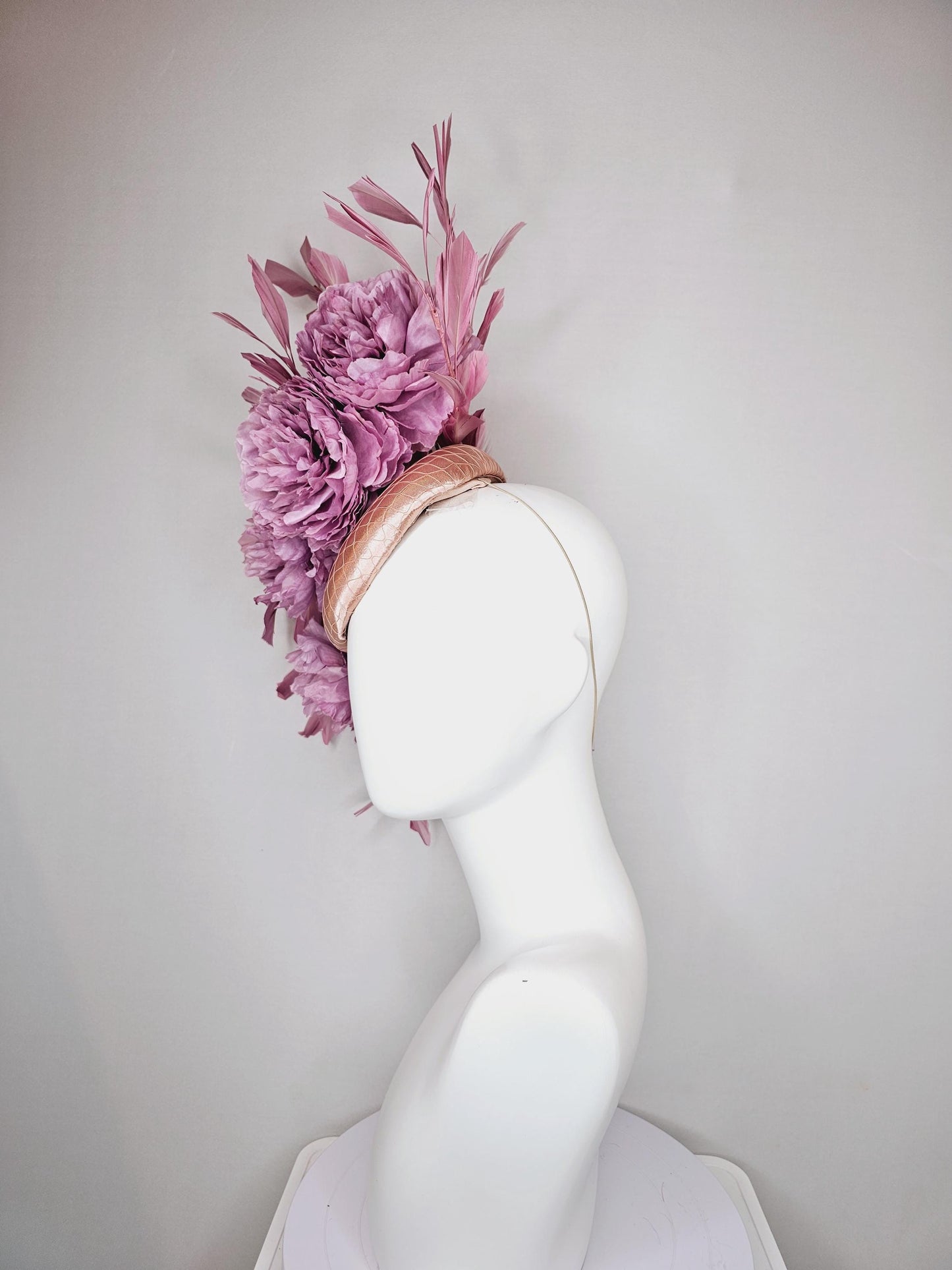 kentucky derby hat fascinator champagne pink satin with netting,light purple satin silk flowers and leaves,blush pink branching feathers