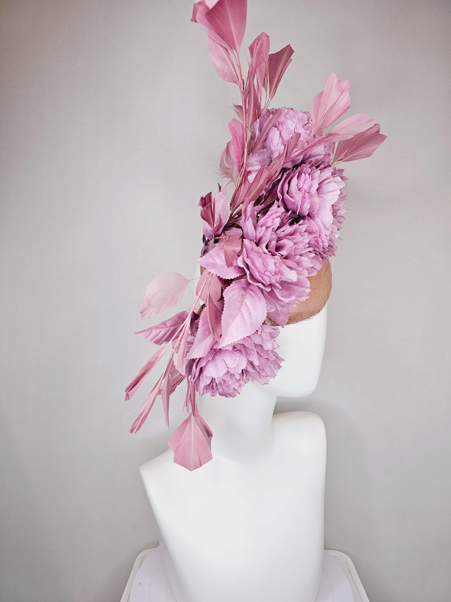 kentucky derby hat fascinator champagne pink satin with netting,light purple satin silk flowers and leaves,blush pink branching feathers