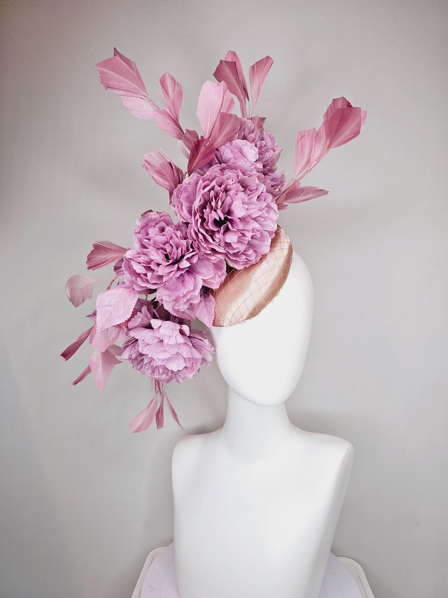 kentucky derby hat fascinator champagne pink satin with netting,light purple satin silk flowers and leaves,blush pink branching feathers