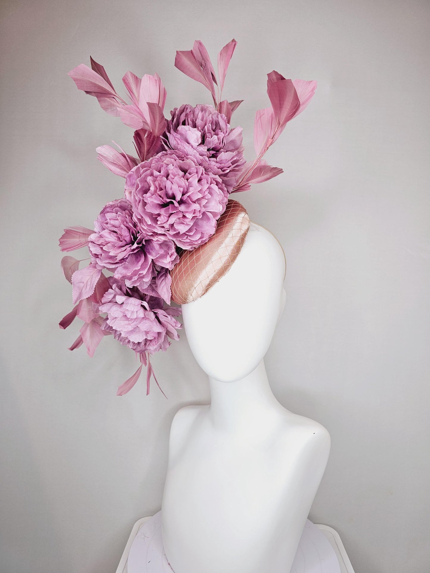 kentucky derby hat fascinator champagne pink satin with netting,light purple satin silk flowers and leaves,blush pink branching feathers