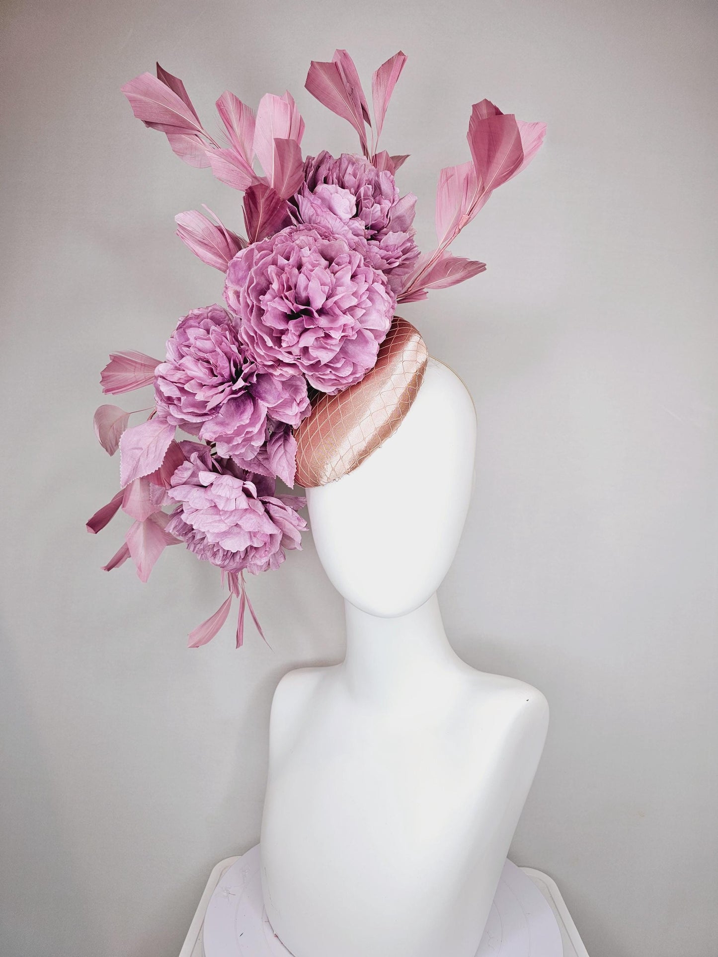 kentucky derby hat fascinator champagne pink satin with netting,light purple satin silk flowers and leaves,blush pink branching feathers