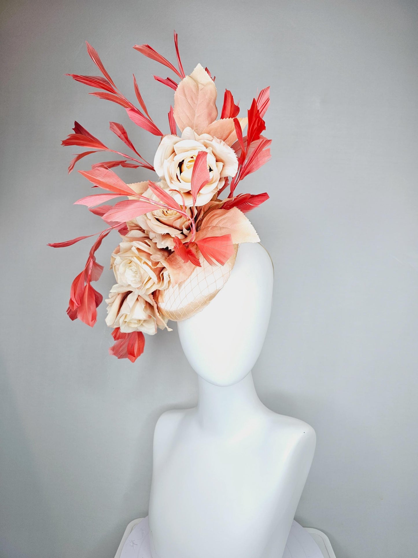 kentucky derby hat fascinator neutral champagne satin with netting,beige tan satin silk roses,beige leaves,coral orange branching feathers