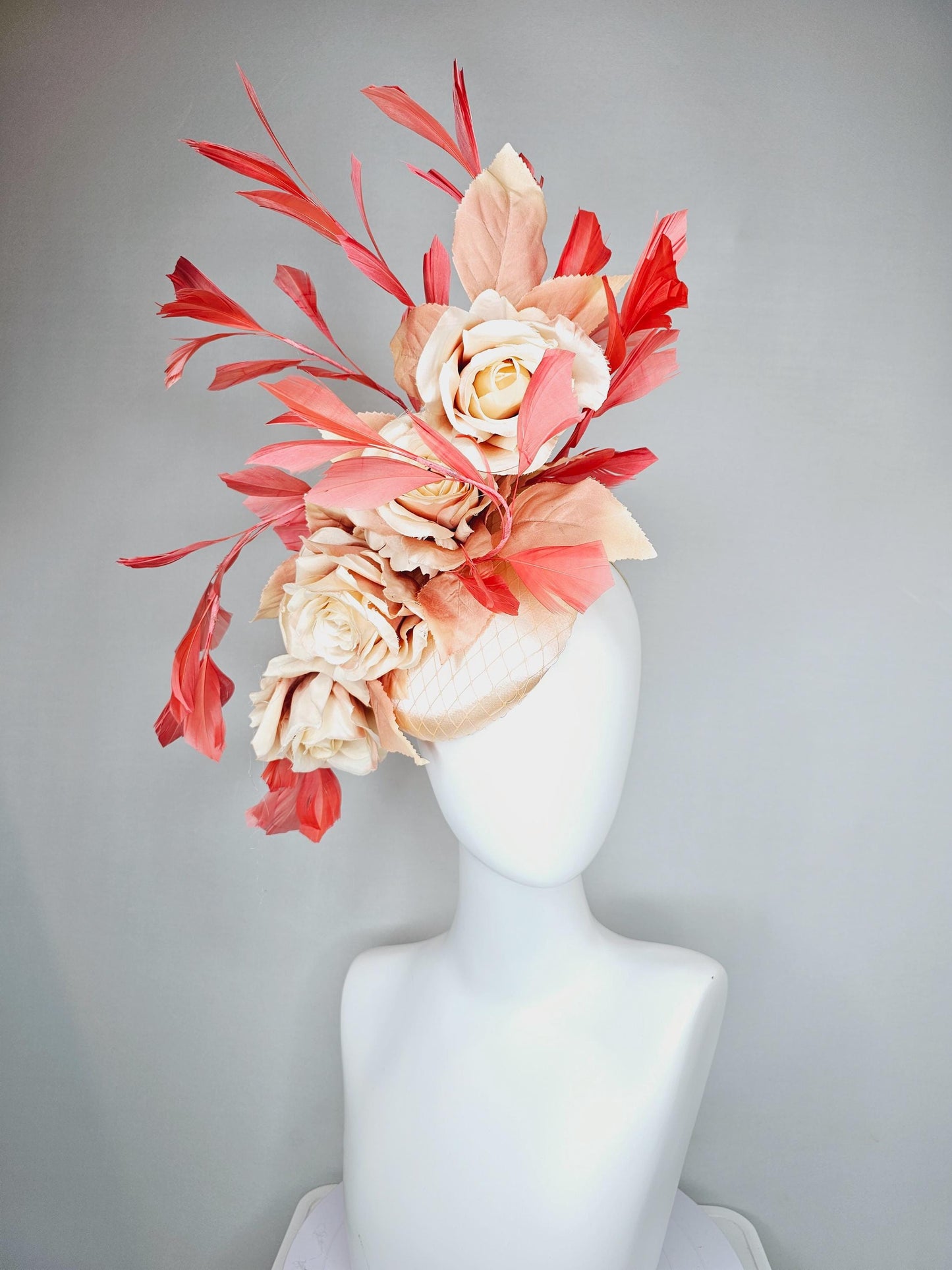 kentucky derby hat fascinator neutral champagne satin with netting,beige tan satin silk roses,beige leaves,coral orange branching feathers