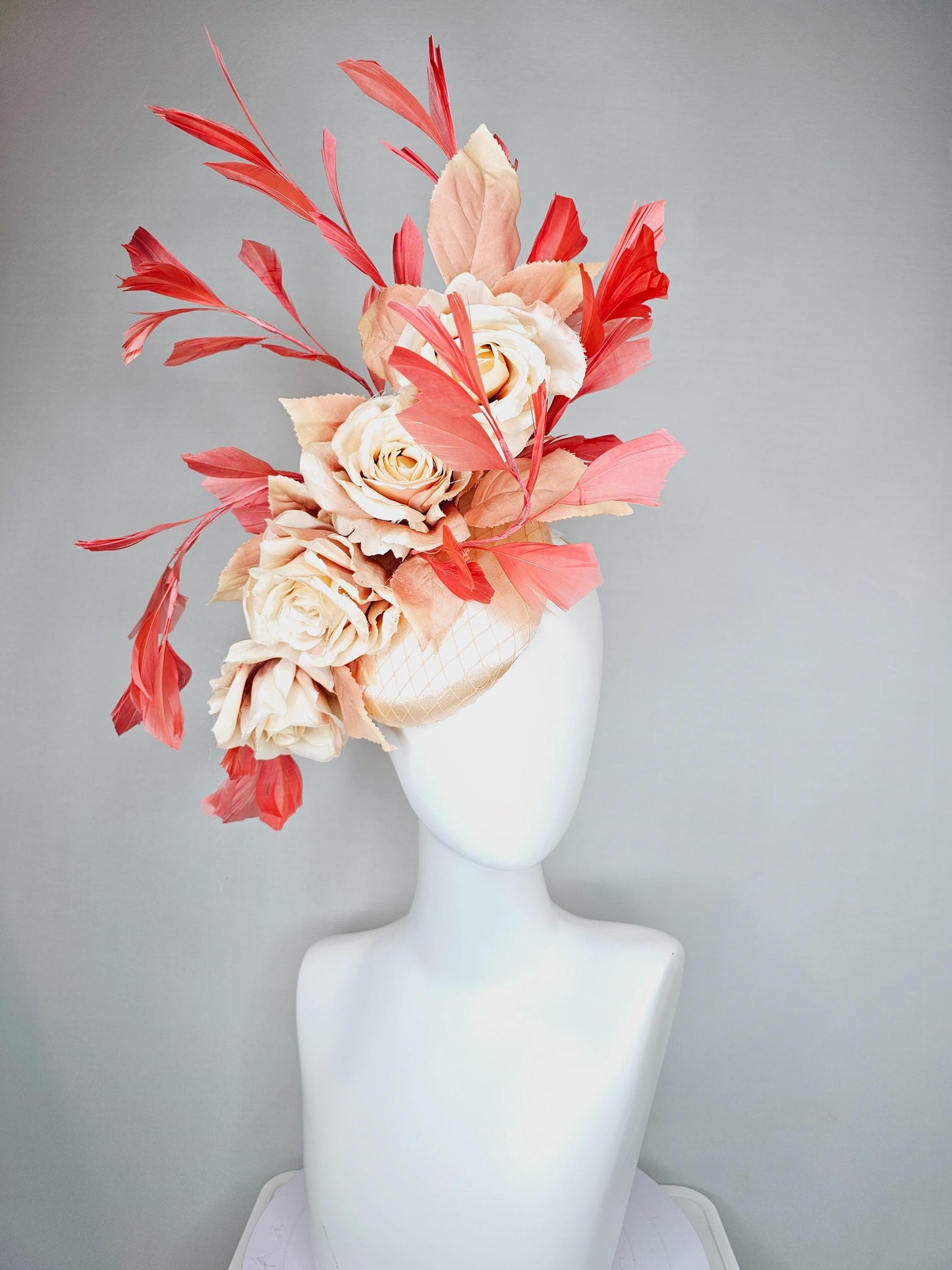 kentucky derby hat fascinator neutral champagne satin with netting,beige tan satin silk roses,beige leaves,coral orange branching feathers