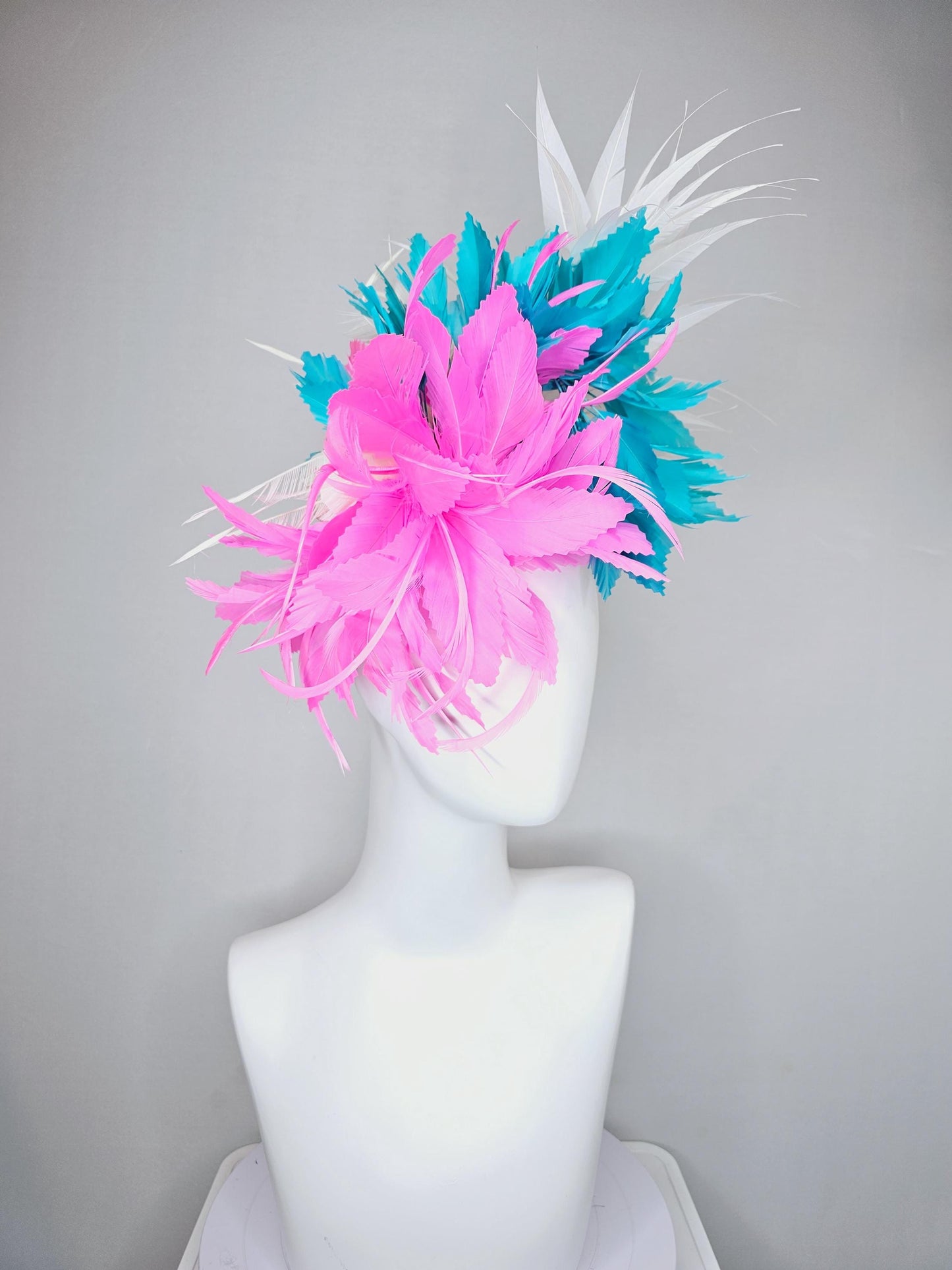 kentucky derby hat fascinator bright hot pink fluffy feather flower,turquoise blue branching feathers and white pointy feathers