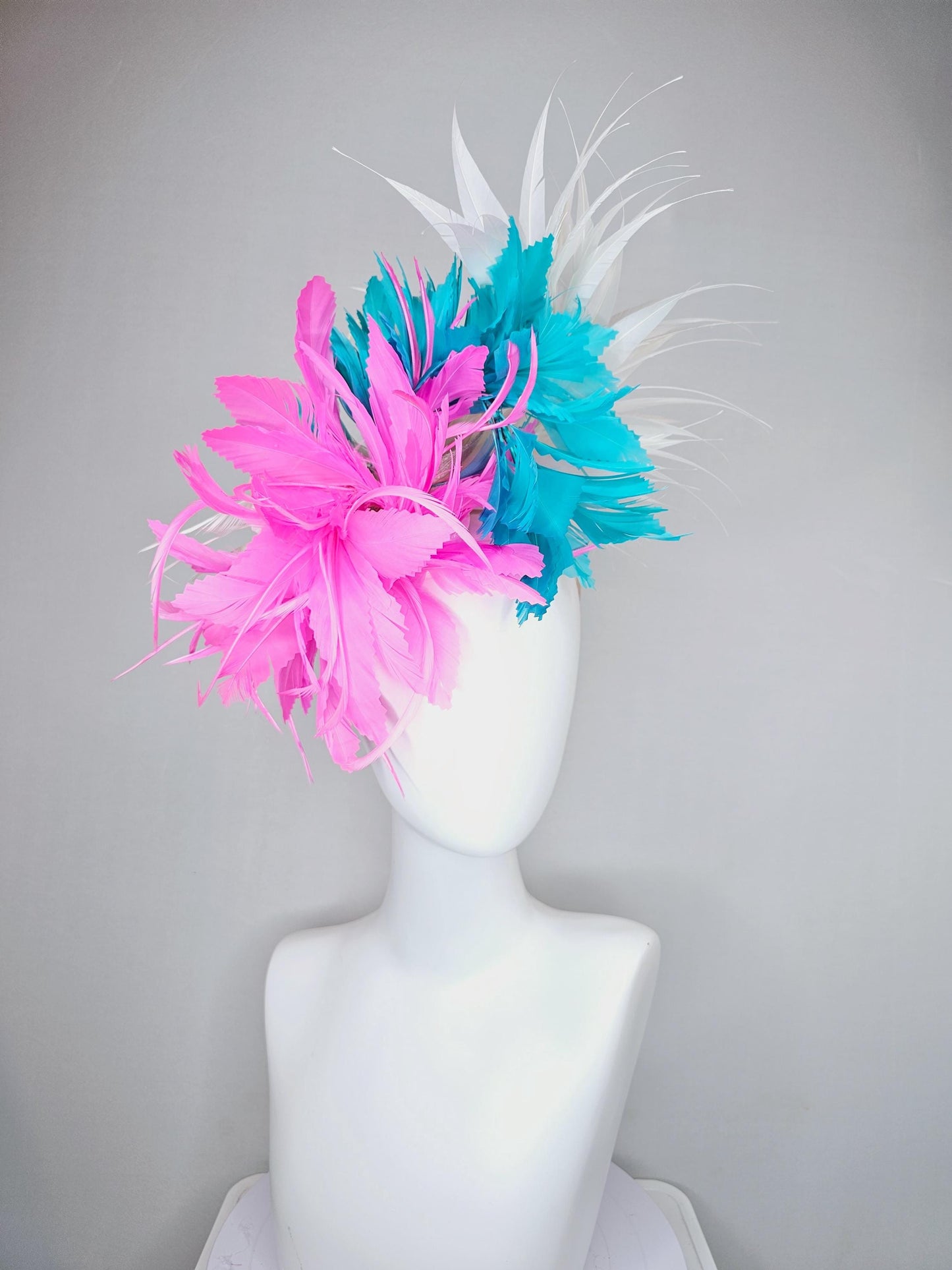 kentucky derby hat fascinator bright hot pink fluffy feather flower,turquoise blue branching feathers and white pointy feathers