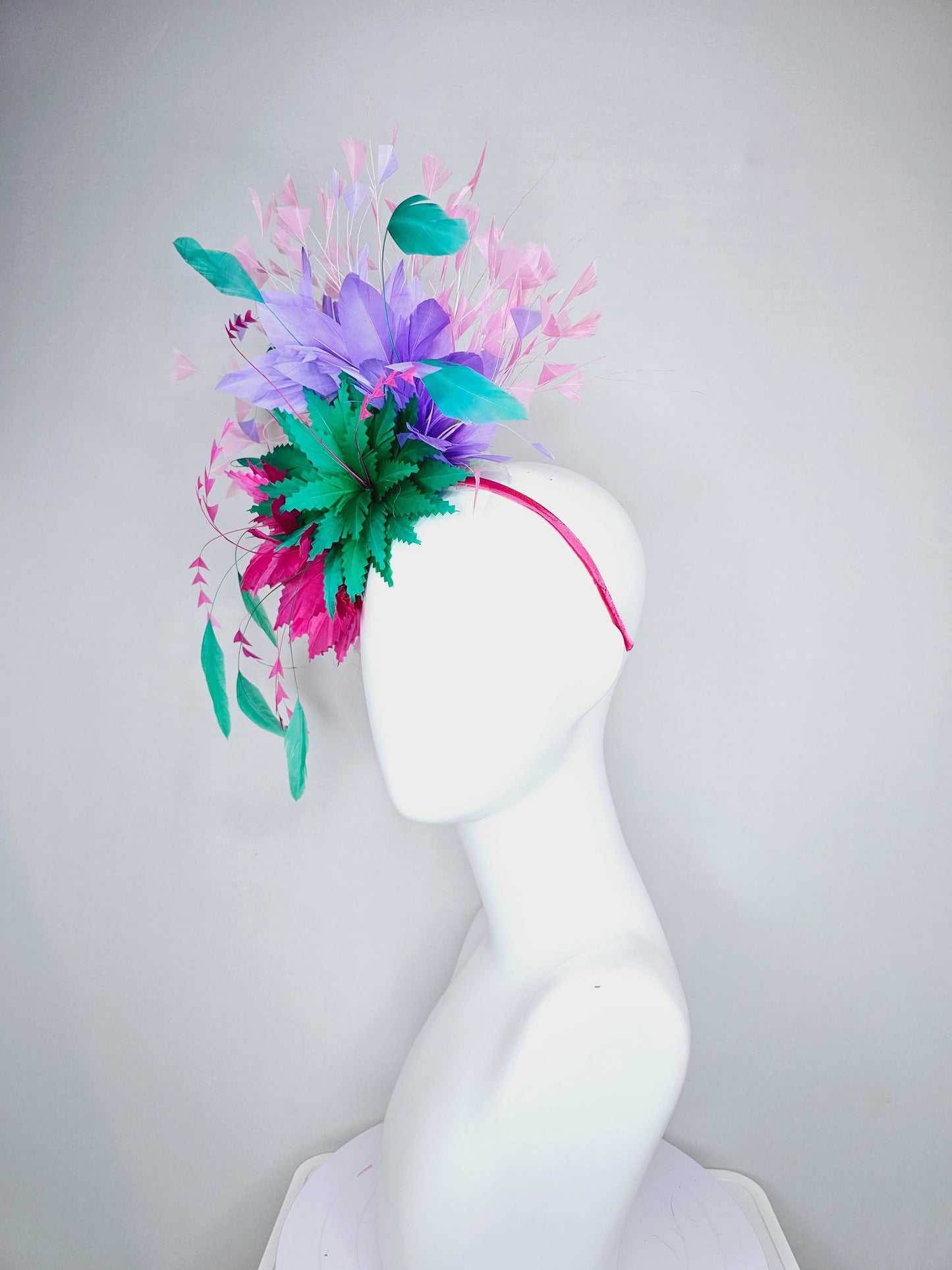 kentucky derby hat fascinator hot pink and green zigzag feather flowers, w/ colorful purple,turquoise blue and light pink branching feathers