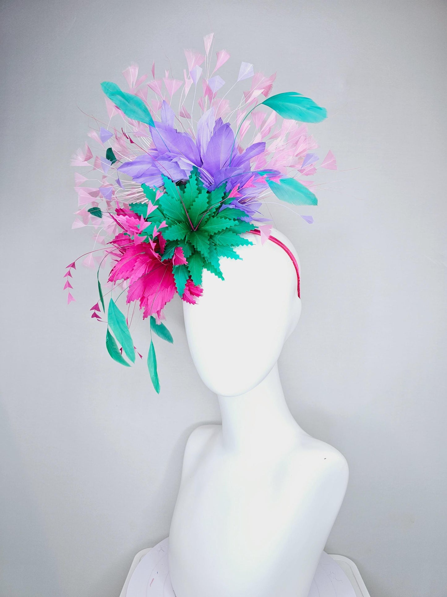 kentucky derby hat fascinator hot pink and green zigzag feather flowers, w/ colorful purple,turquoise blue and light pink branching feathers