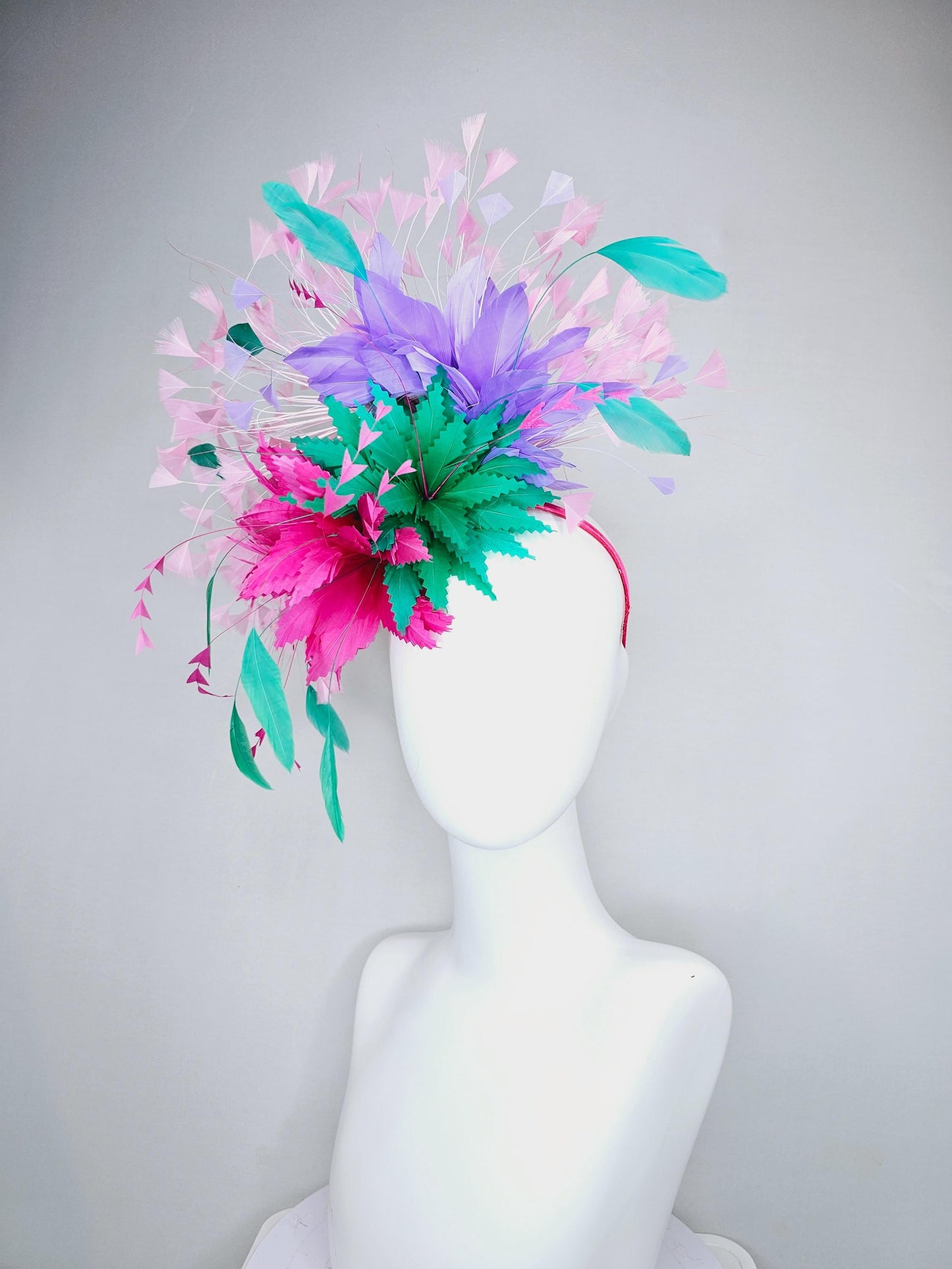 kentucky derby hat fascinator hot pink and green zigzag feather flowers, w/ colorful purple,turquoise blue and light pink branching feathers