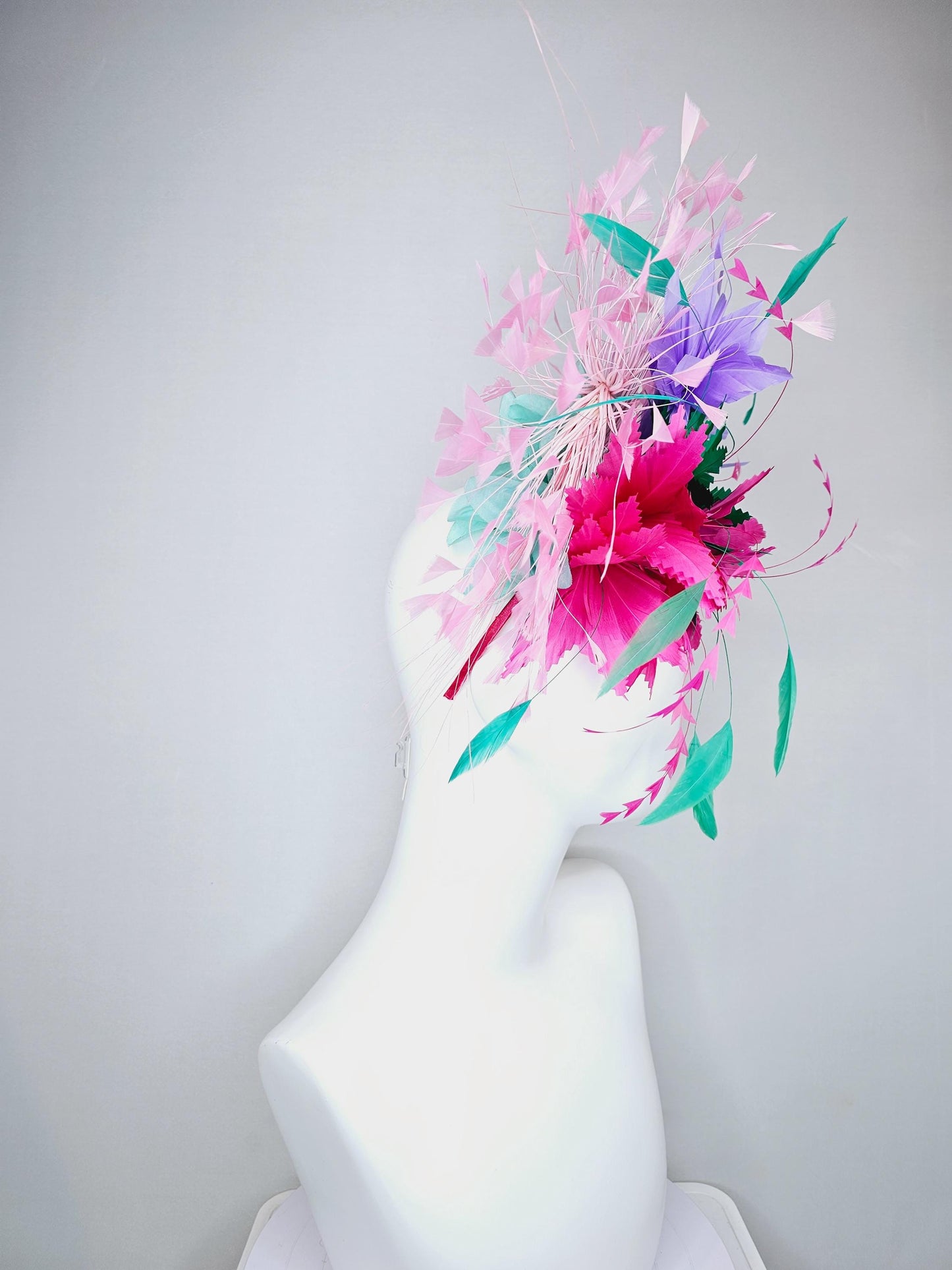 kentucky derby hat fascinator hot pink and green zigzag feather flowers, w/ colorful purple,turquoise blue and light pink branching feathers