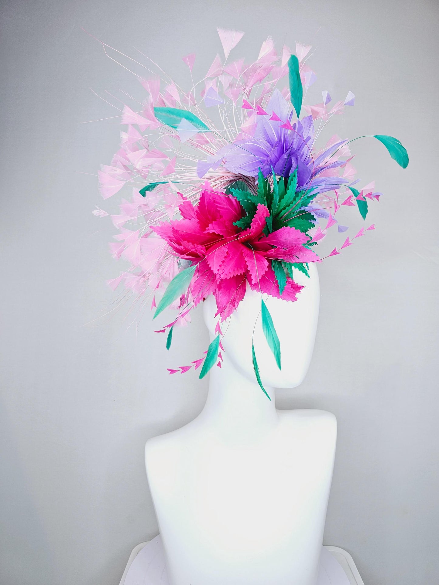 kentucky derby hat fascinator hot pink and green zigzag feather flowers, w/ colorful purple,turquoise blue and light pink branching feathers