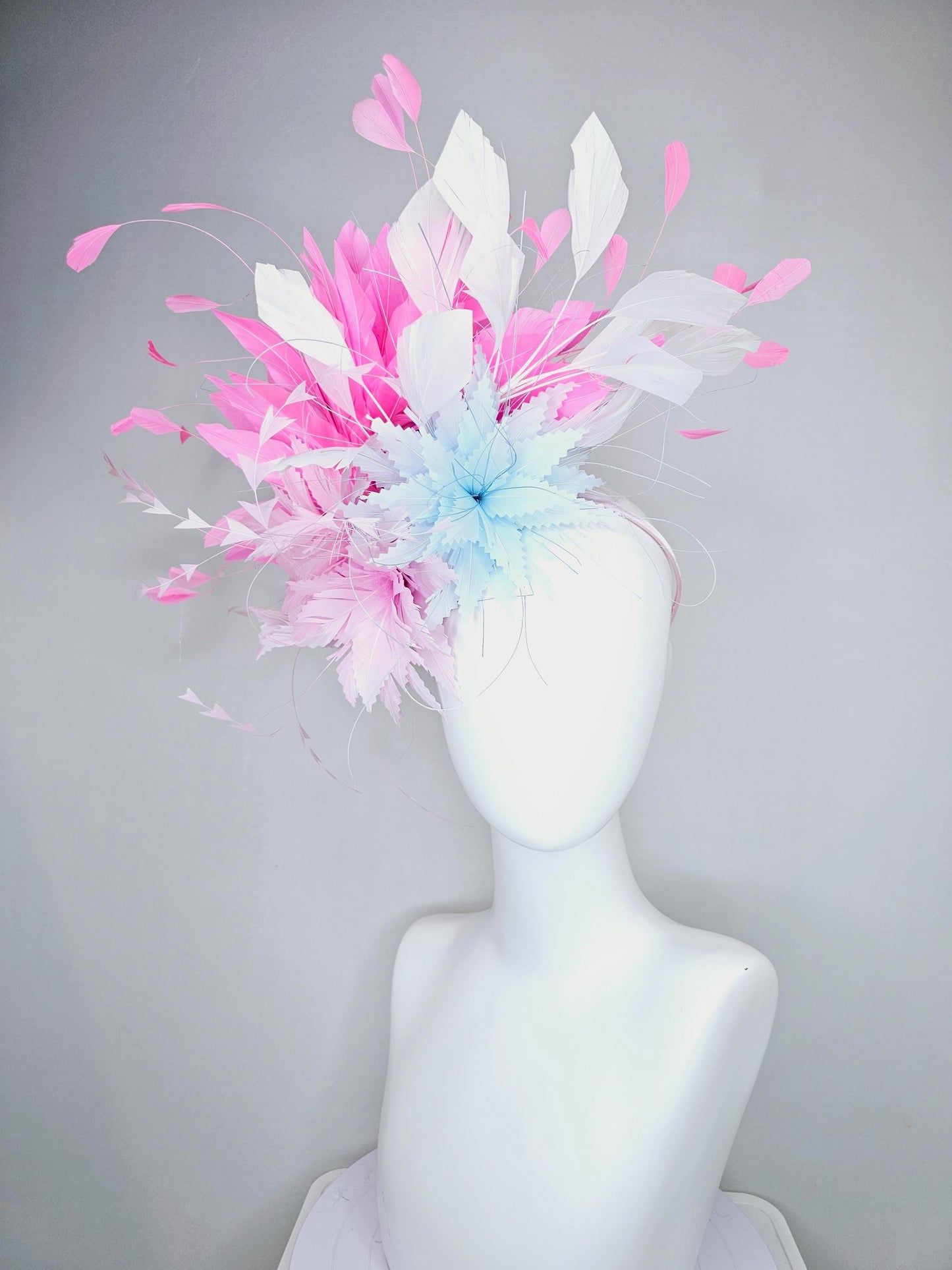 kentucky derby hat fascinator zigzag light pink and light baby blue feather flowers with blush pink and white branching feathers