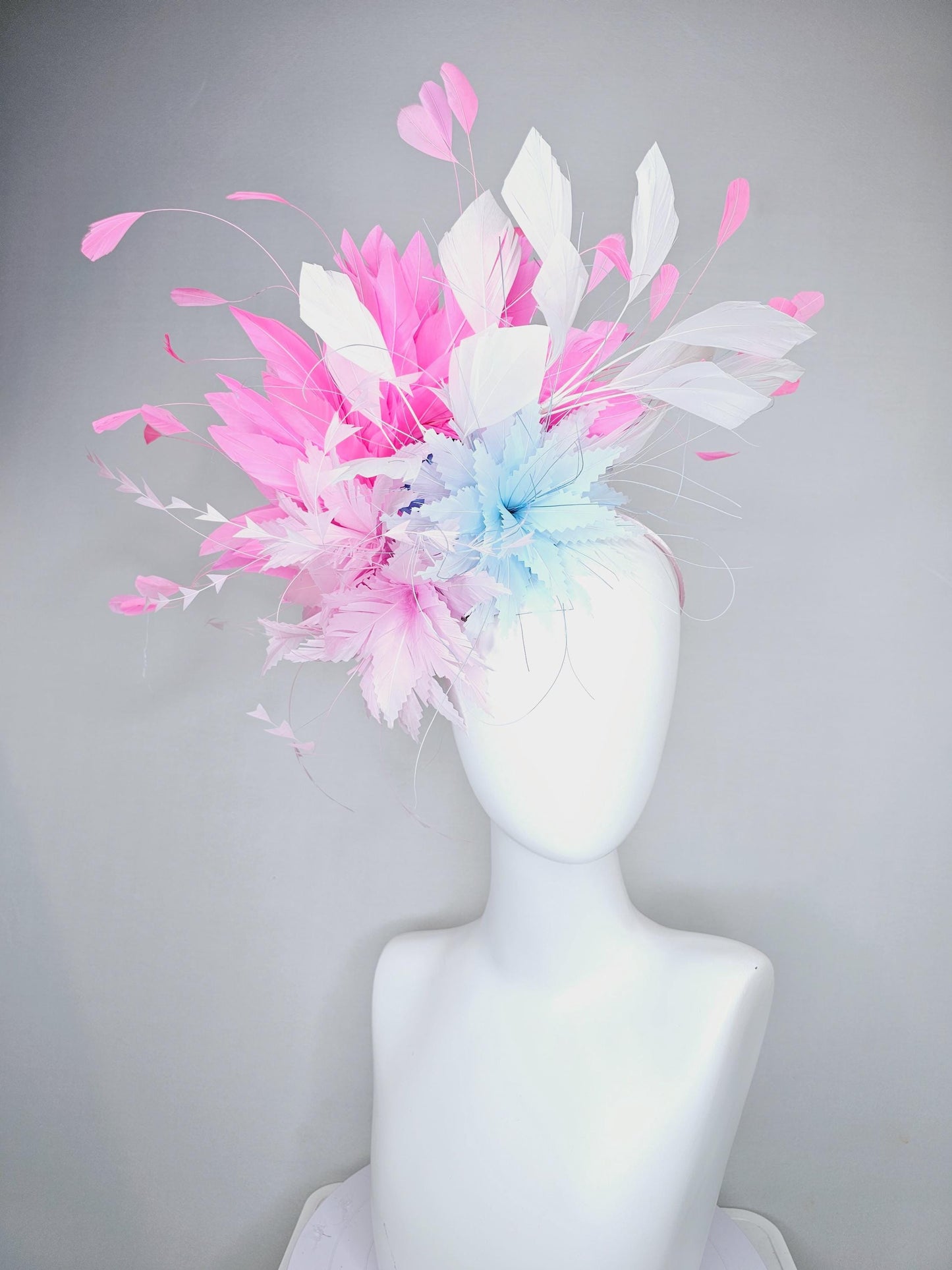 kentucky derby hat fascinator zigzag light pink and light baby blue feather flowers with blush pink and white branching feathers