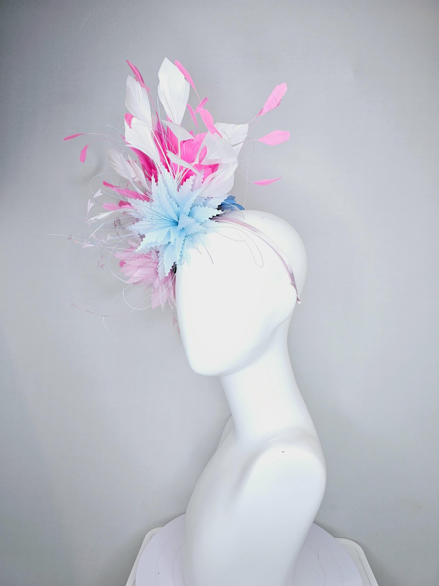 kentucky derby hat fascinator zigzag light pink and light baby blue feather flowers with blush pink and white branching feathers