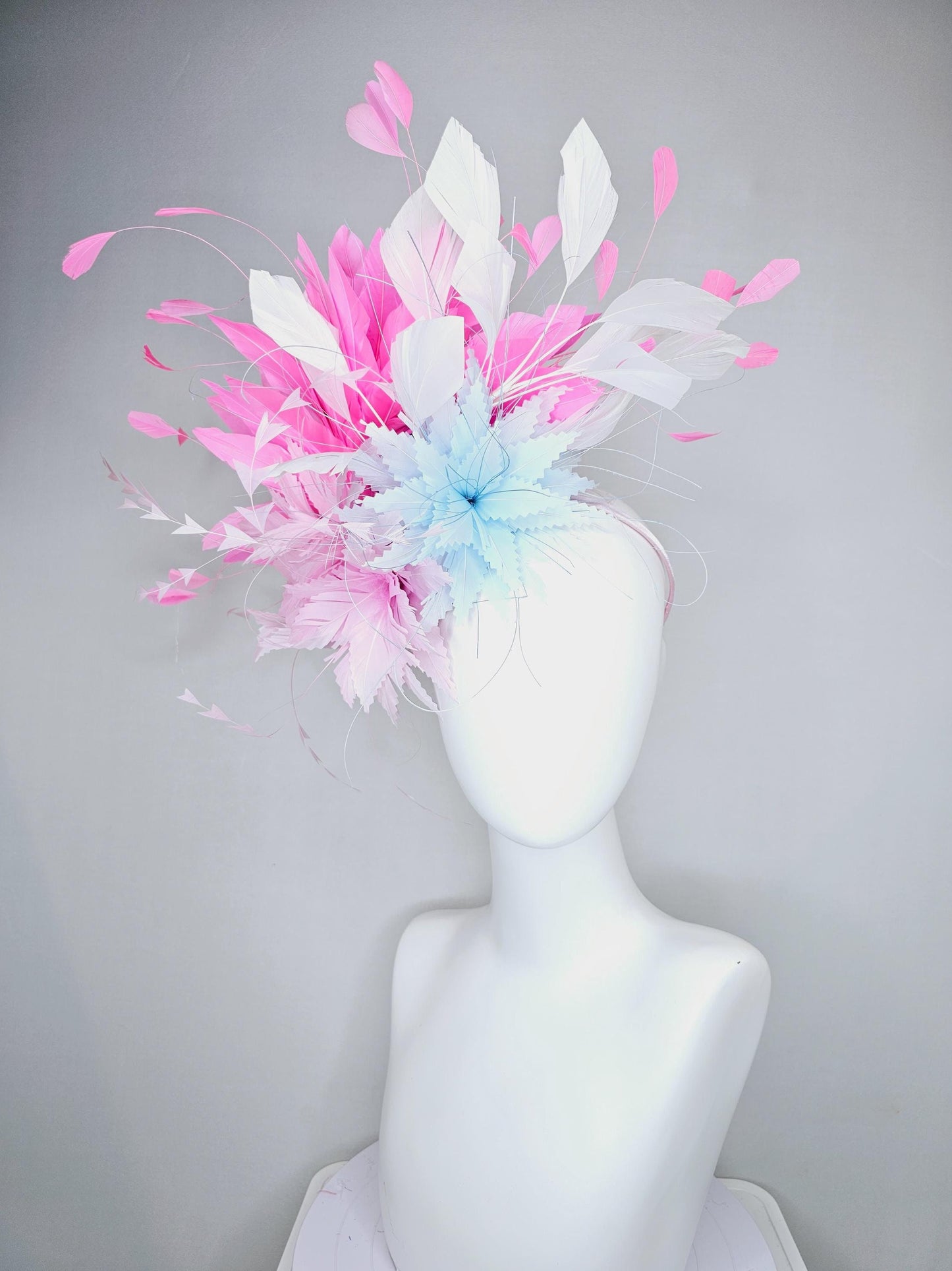 kentucky derby hat fascinator zigzag light pink and light baby blue feather flowers with blush pink and white branching feathers