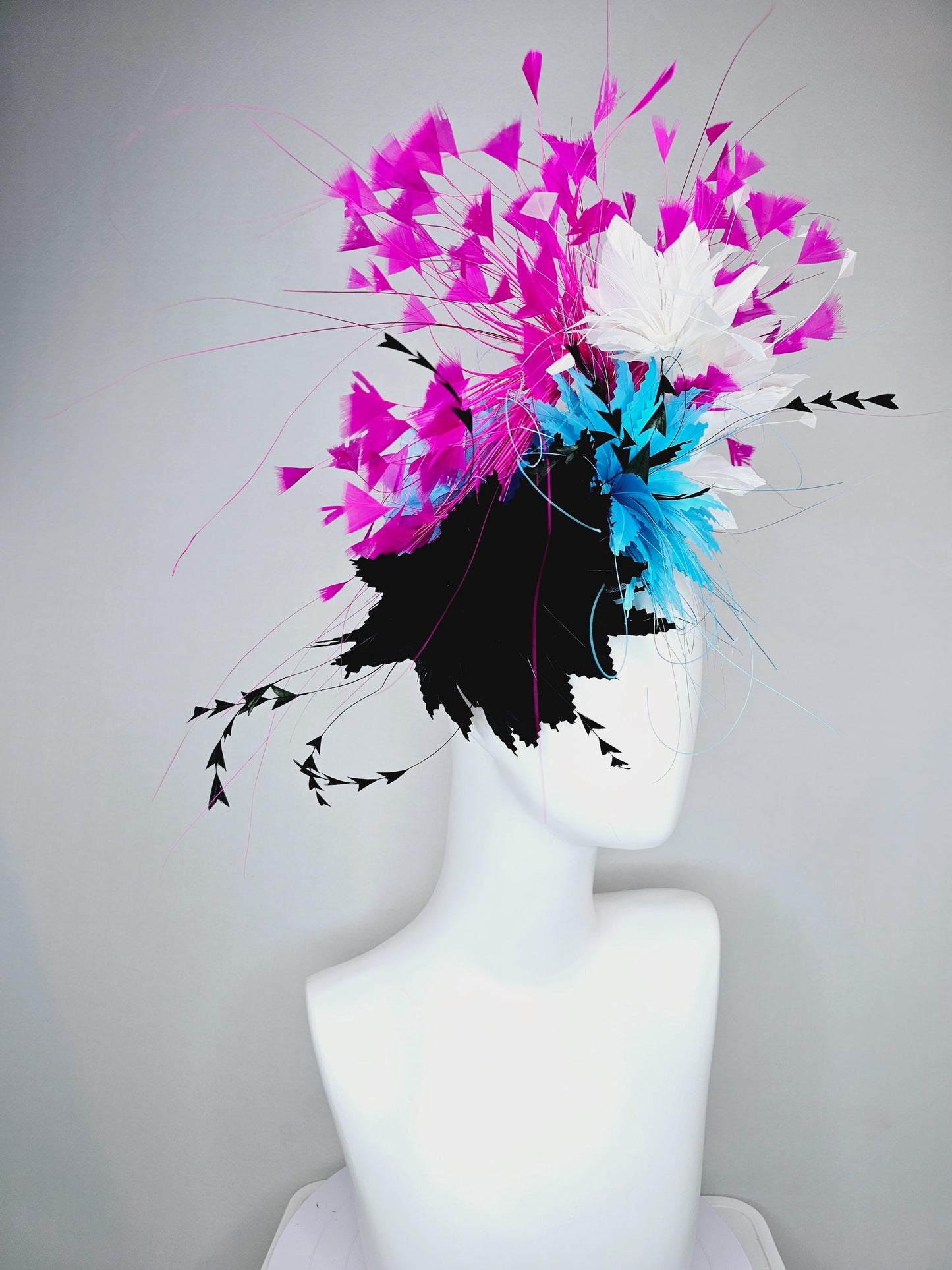 kentucky derby hat fascinator colorful zigzag sky turquoise blue and black feather flowers with white and fuchsia pink branching feathers