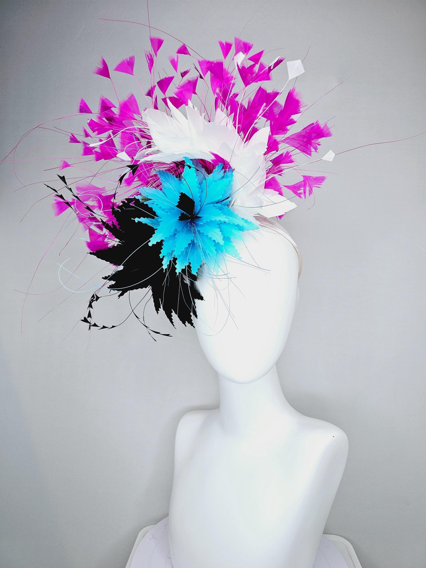 kentucky derby hat fascinator colorful zigzag sky turquoise blue and black feather flowers with white and fuchsia pink branching feathers