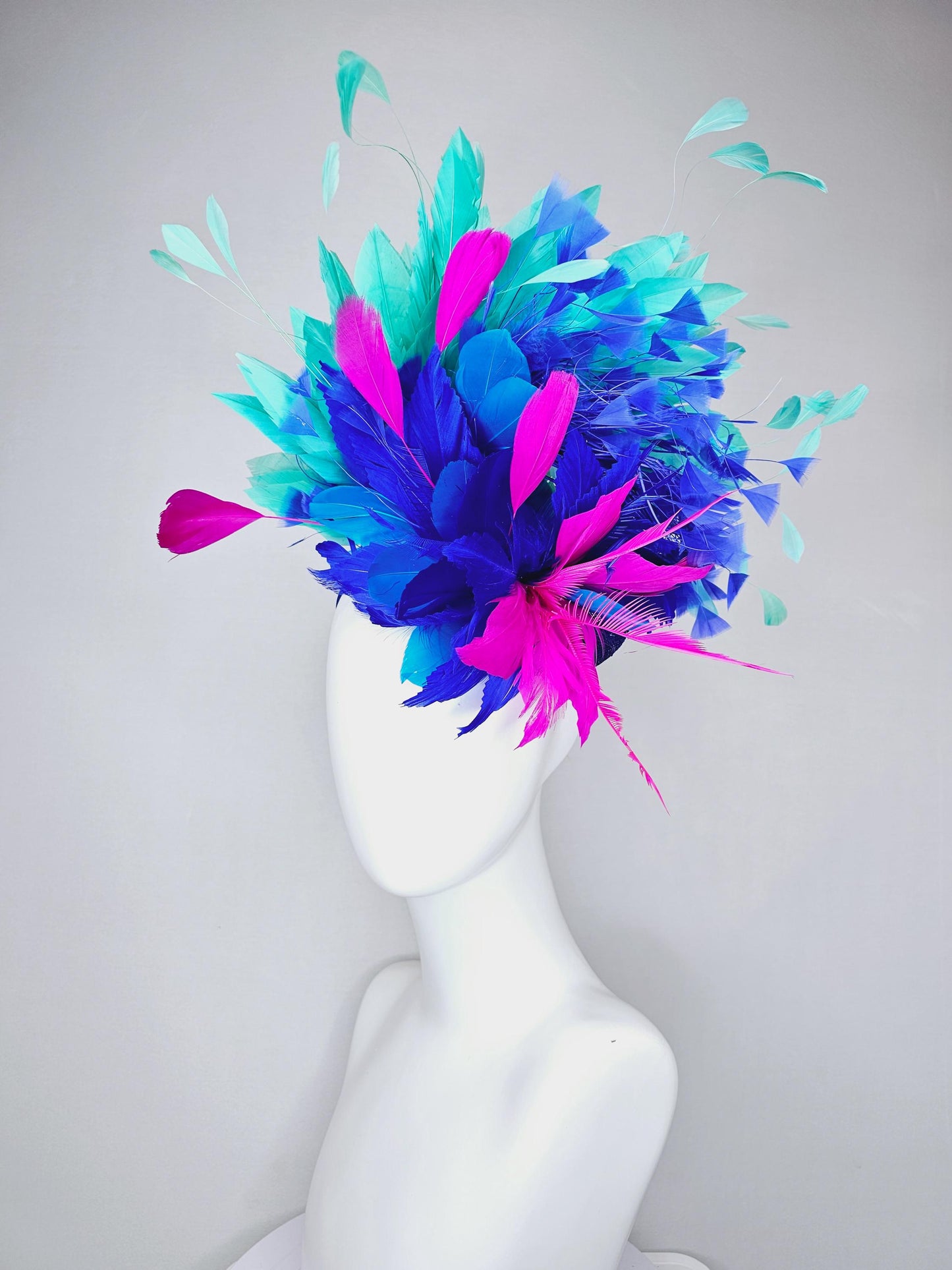 kentucky derby hat fascinator royal blue sinamay,fuchsia pink royal blue feather flower,royal cobalt blue mint green pink branching feathers