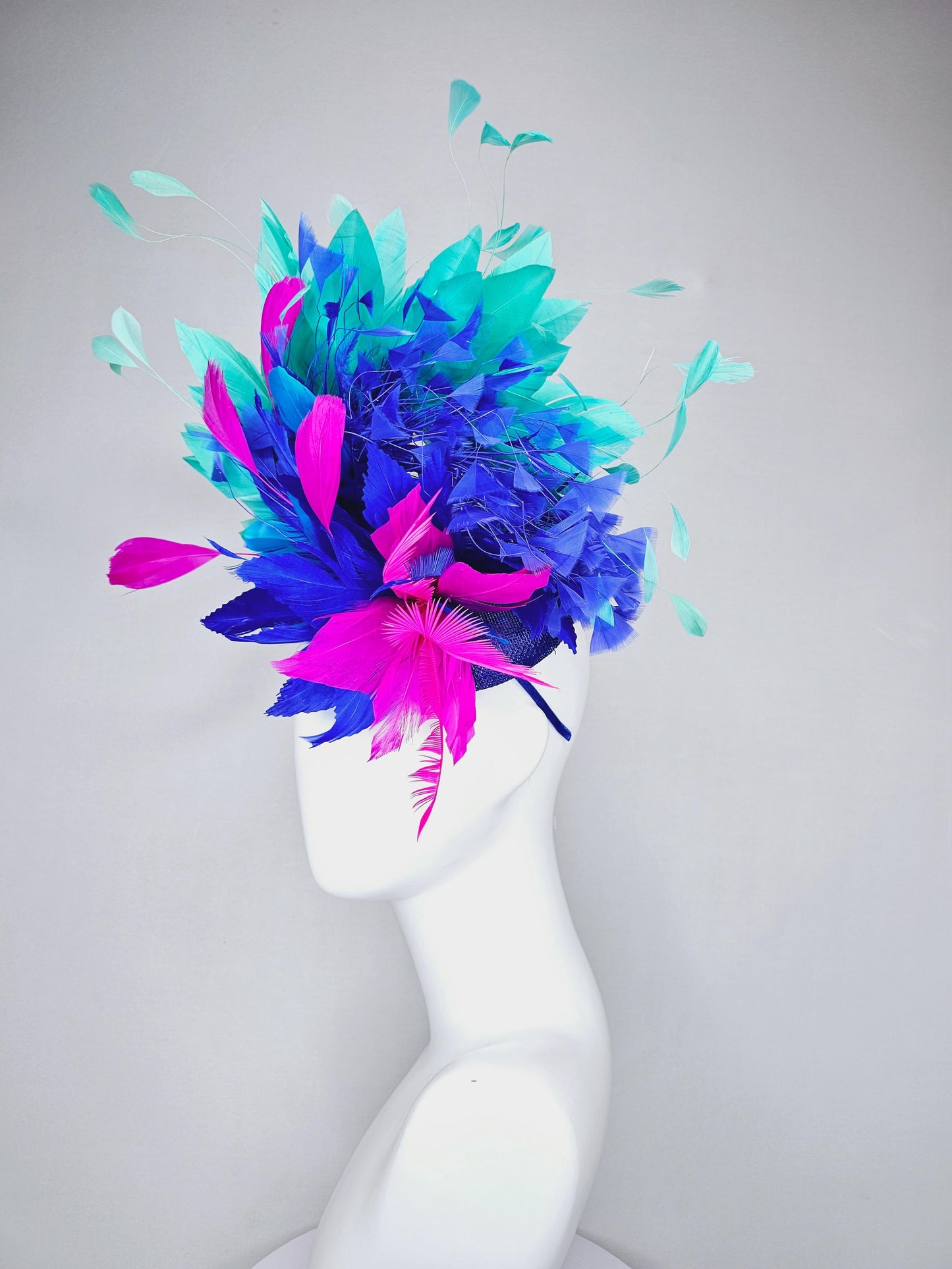 kentucky derby hat fascinator royal blue sinamay,fuchsia pink royal blue feather flower,royal cobalt blue mint green pink branching feathers