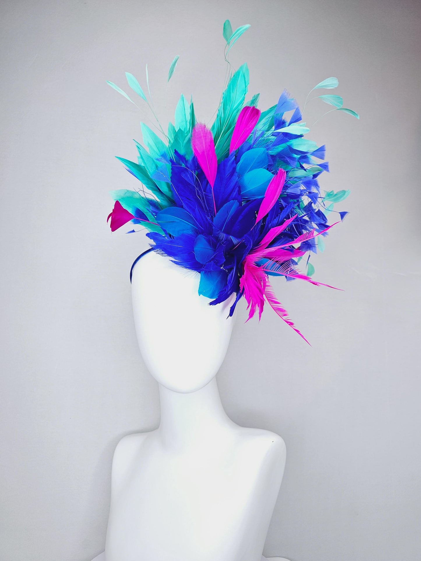 kentucky derby hat fascinator royal blue sinamay,fuchsia pink royal blue feather flower,royal cobalt blue mint green pink branching feathers