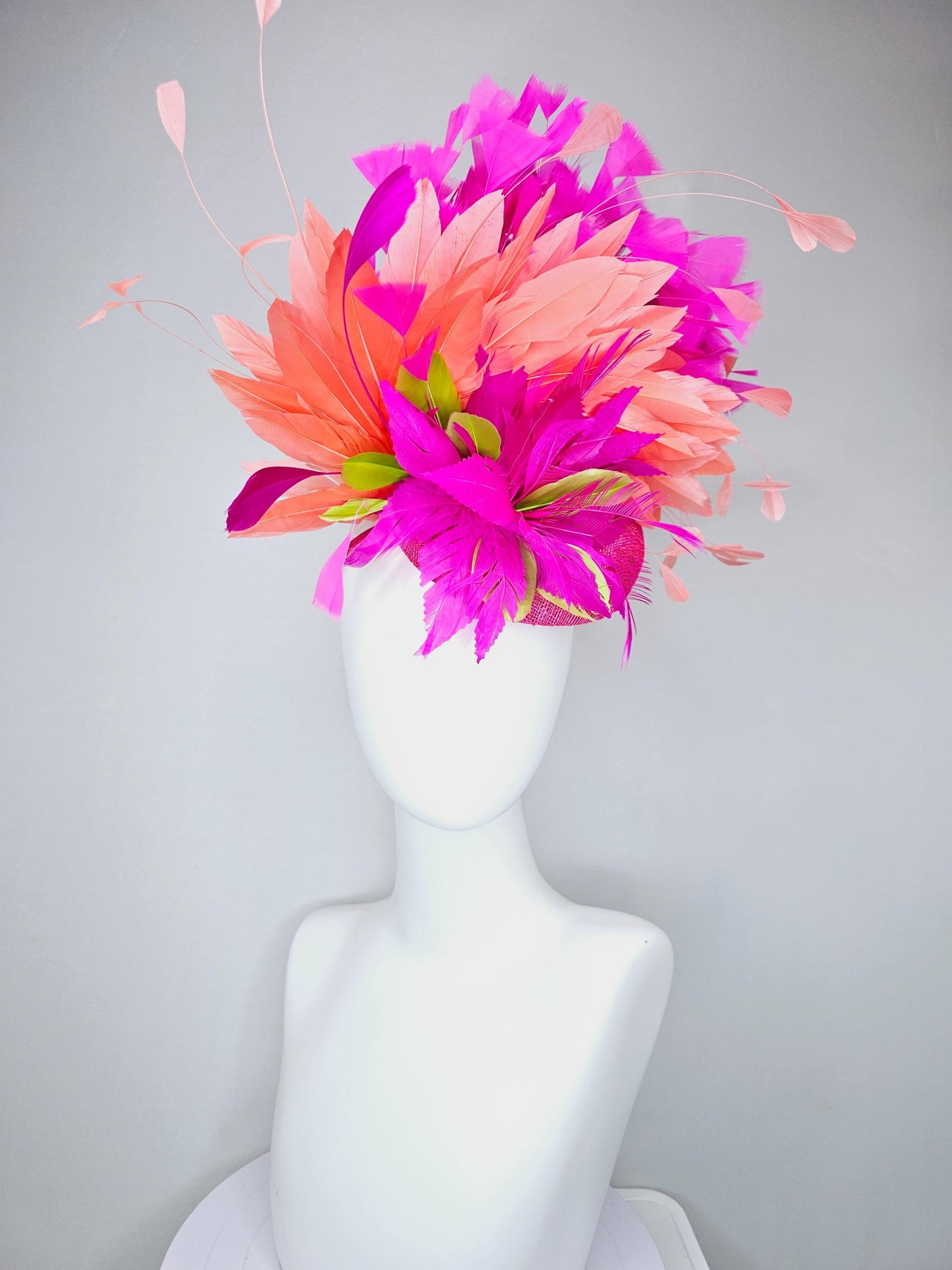 kentucky derby hat fascinator pink sinamay, bright pink fuchsia zigzag lime green feather flower,coral orange bright pink branching feathers