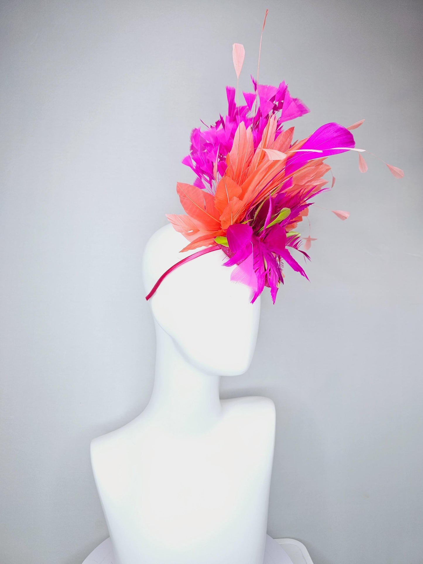 kentucky derby hat fascinator pink sinamay, bright pink fuchsia zigzag lime green feather flower,coral orange bright pink branching feathers
