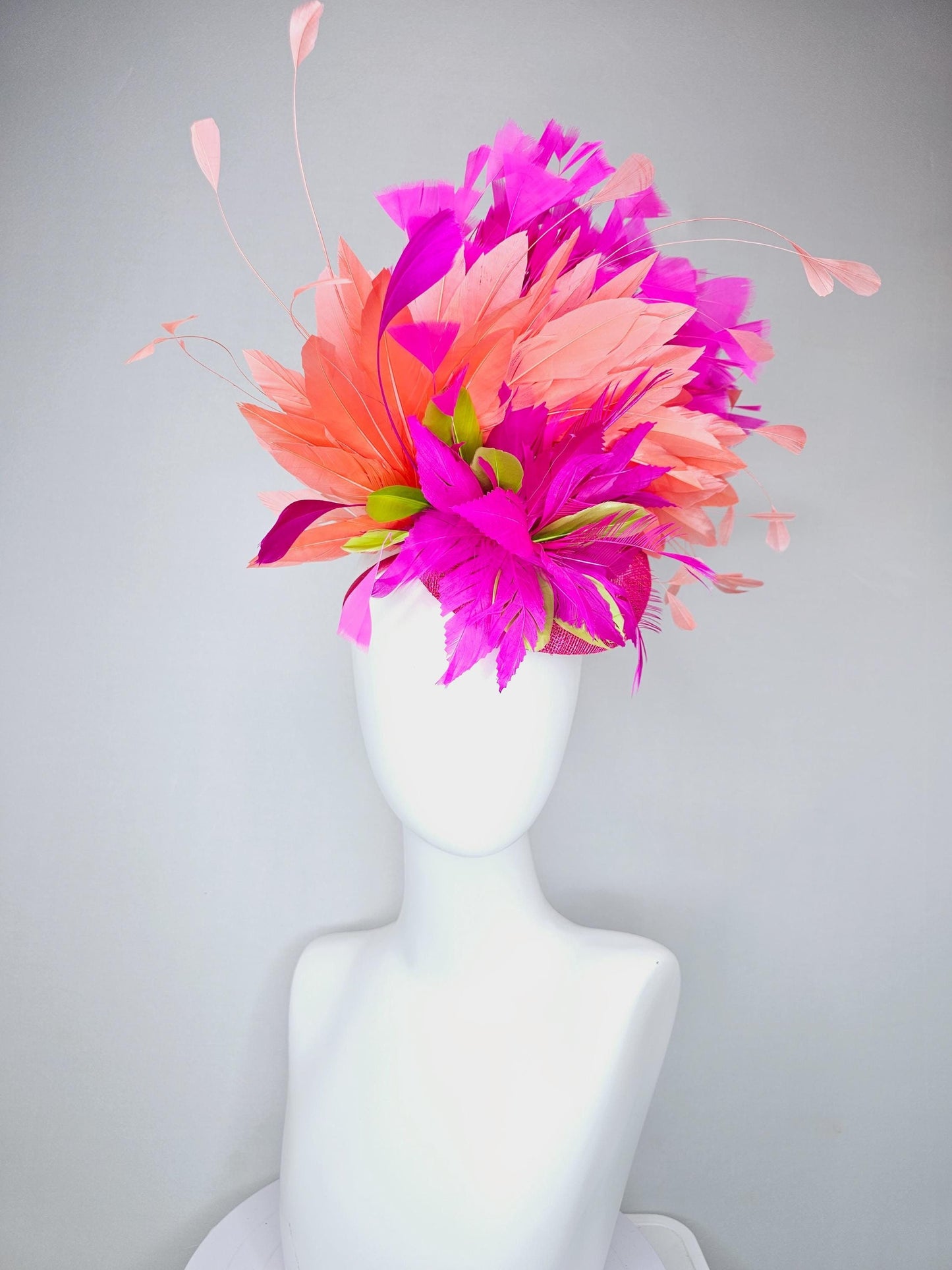 kentucky derby hat fascinator pink sinamay, bright pink fuchsia zigzag lime green feather flower,coral orange bright pink branching feathers