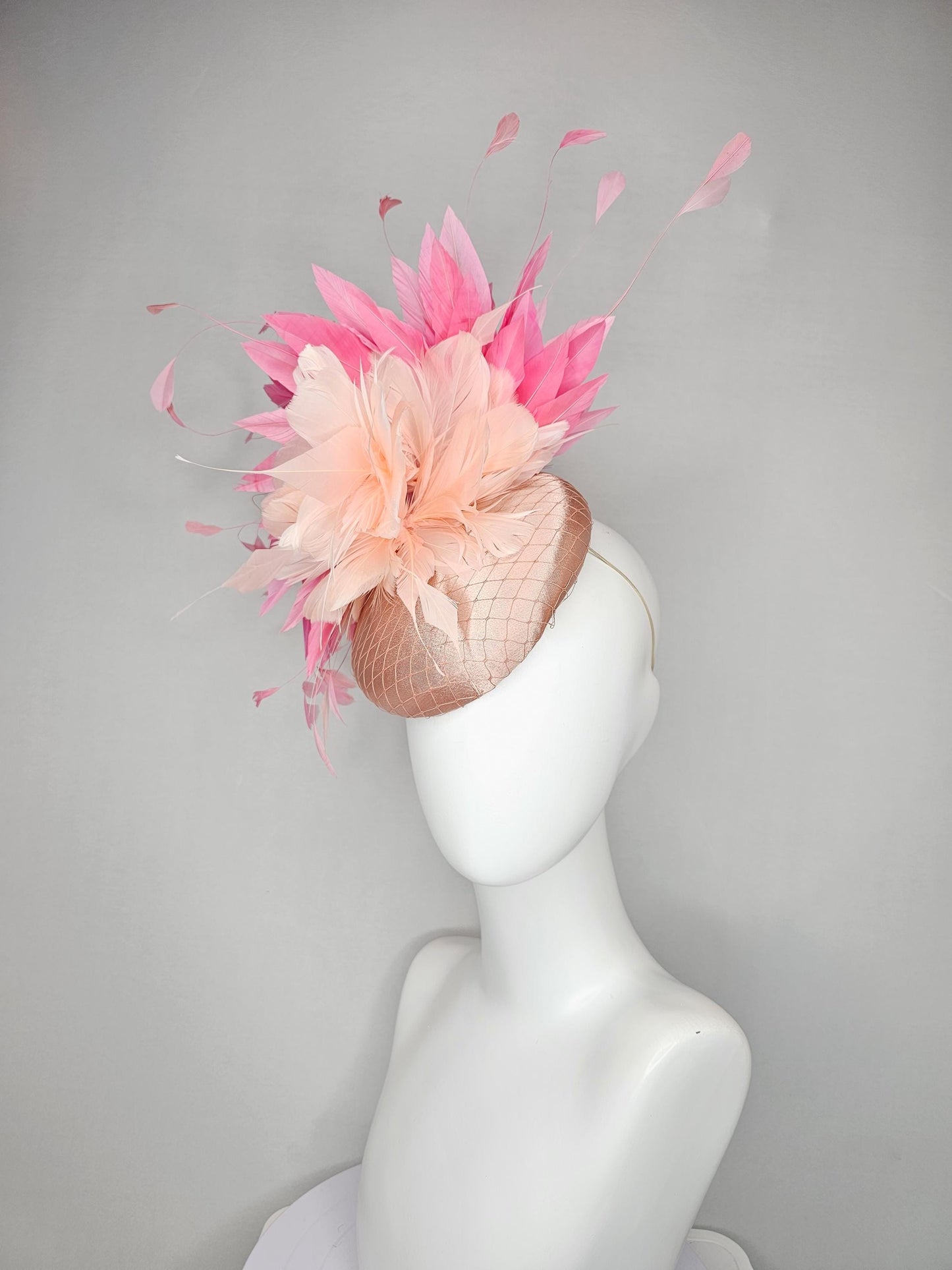 kentucky derby hat fascinator light pink champagne satin with netting,pink branching feathers and light blush pink feather flower