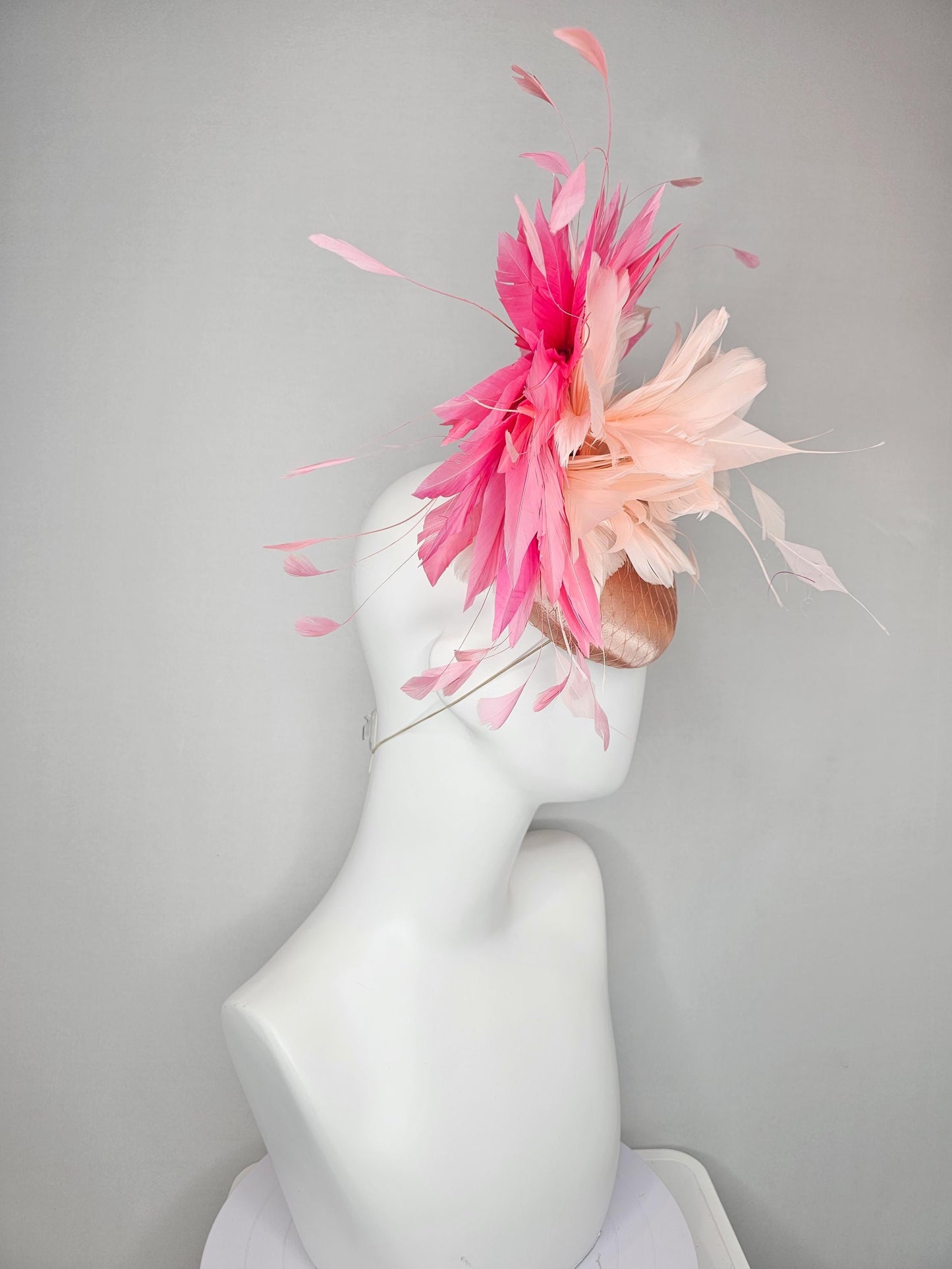 kentucky derby hat fascinator light pink champagne satin with netting,pink branching feathers and light blush pink feather flower