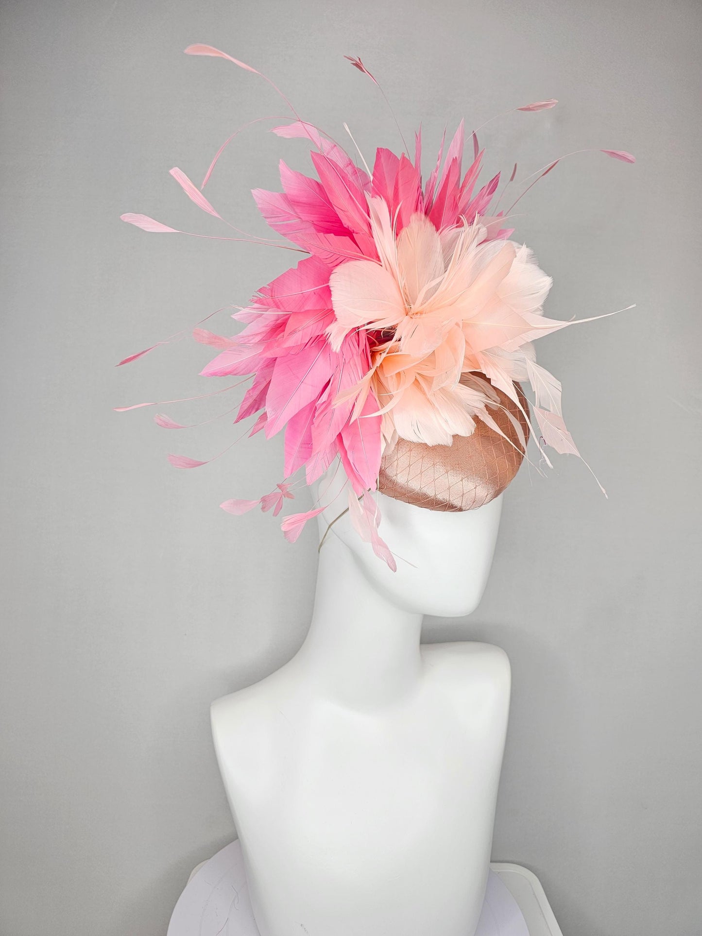 kentucky derby hat fascinator light pink champagne satin with netting,pink branching feathers and light blush pink feather flower
