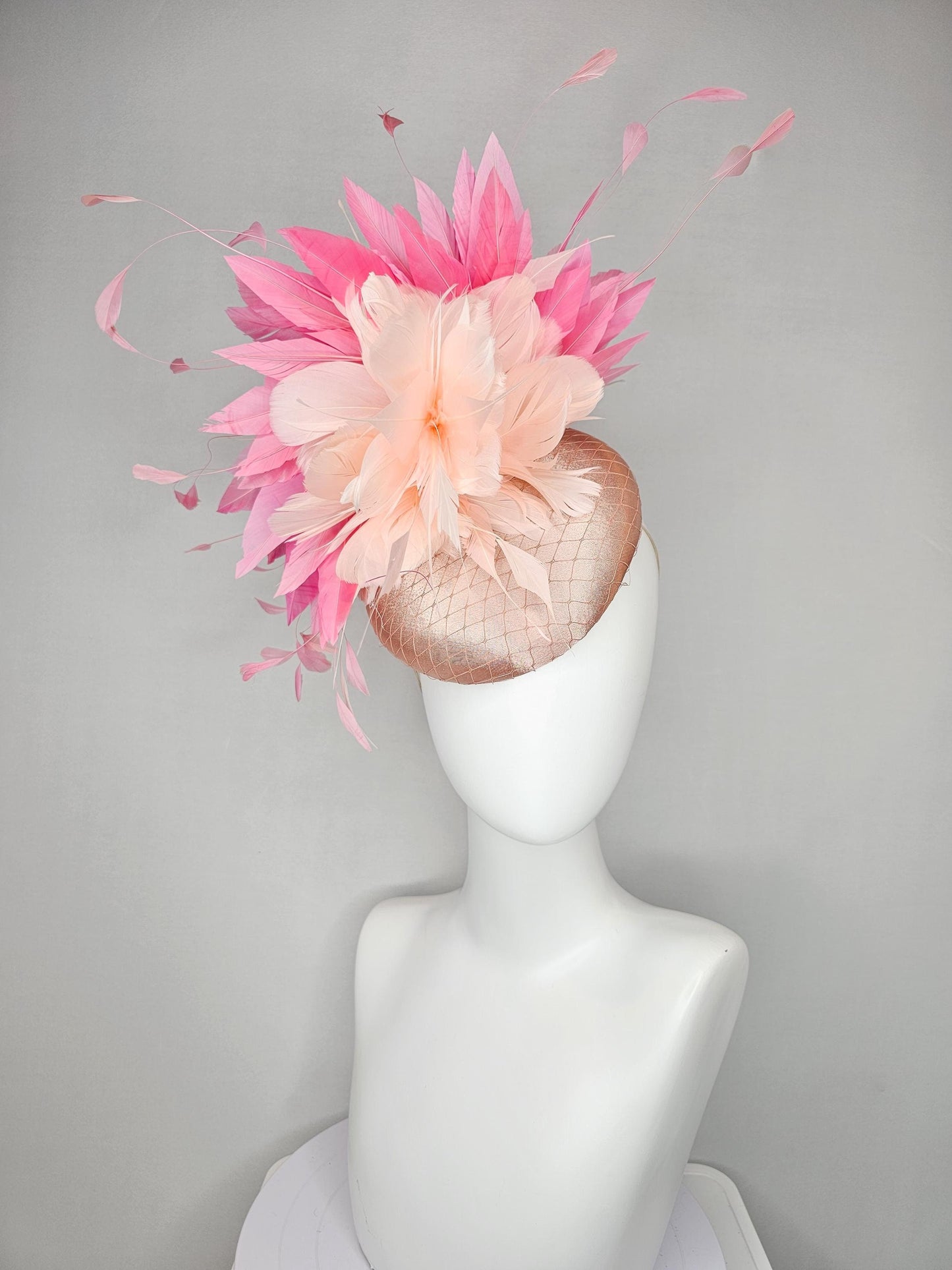 kentucky derby hat fascinator light pink champagne satin with netting,pink branching feathers and light blush pink feather flower
