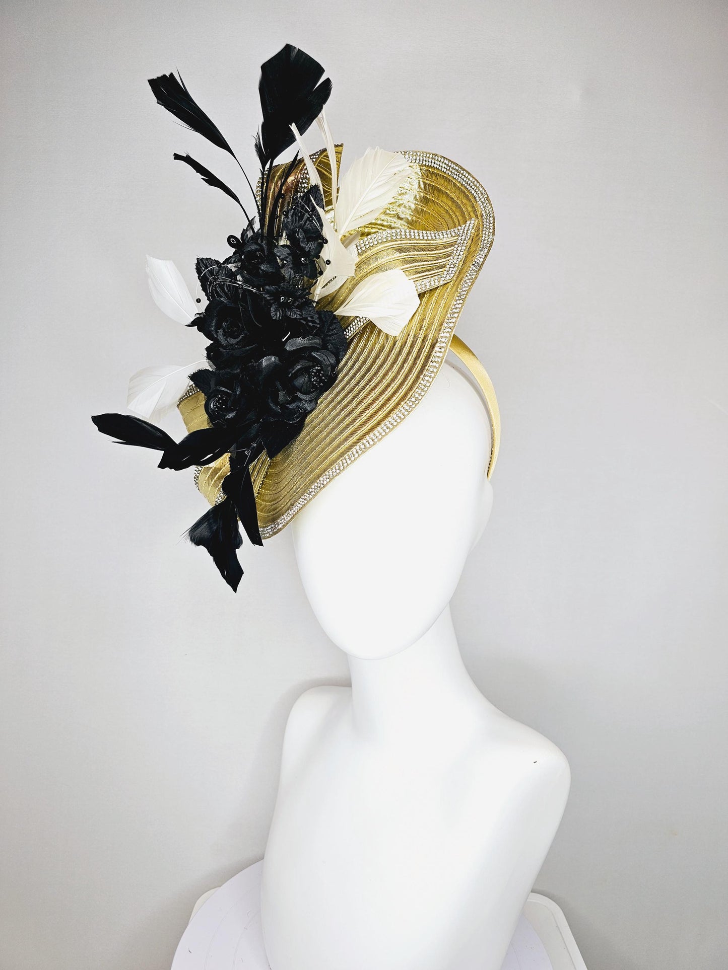 kentucky derby hat fascinator gold saucer with crystal rhinestone beading and beaded bow white feathers black satin silk flowers and pearls