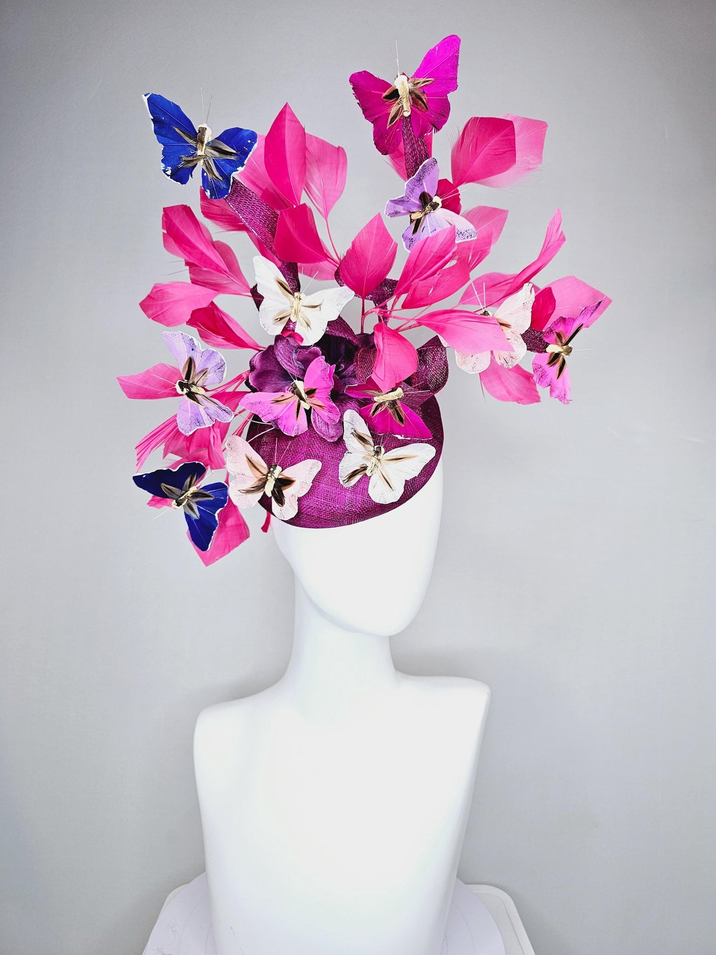 kentucky derby hat fascinator purple pink magenta sinamay with curls,pink feathers,colorful rainbow white,blue,purple,lavender butterflies