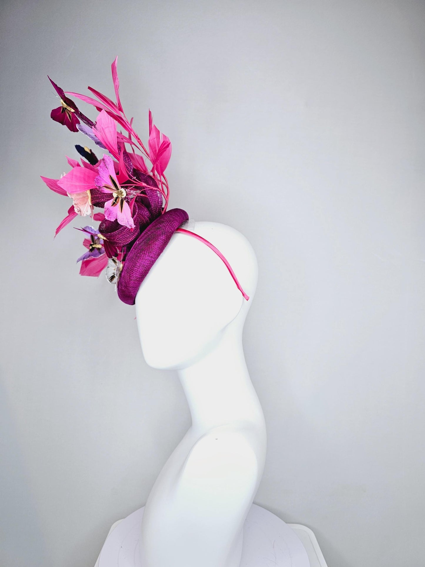 kentucky derby hat fascinator purple pink magenta sinamay with curls,pink feathers,colorful rainbow white,blue,purple,lavender butterflies