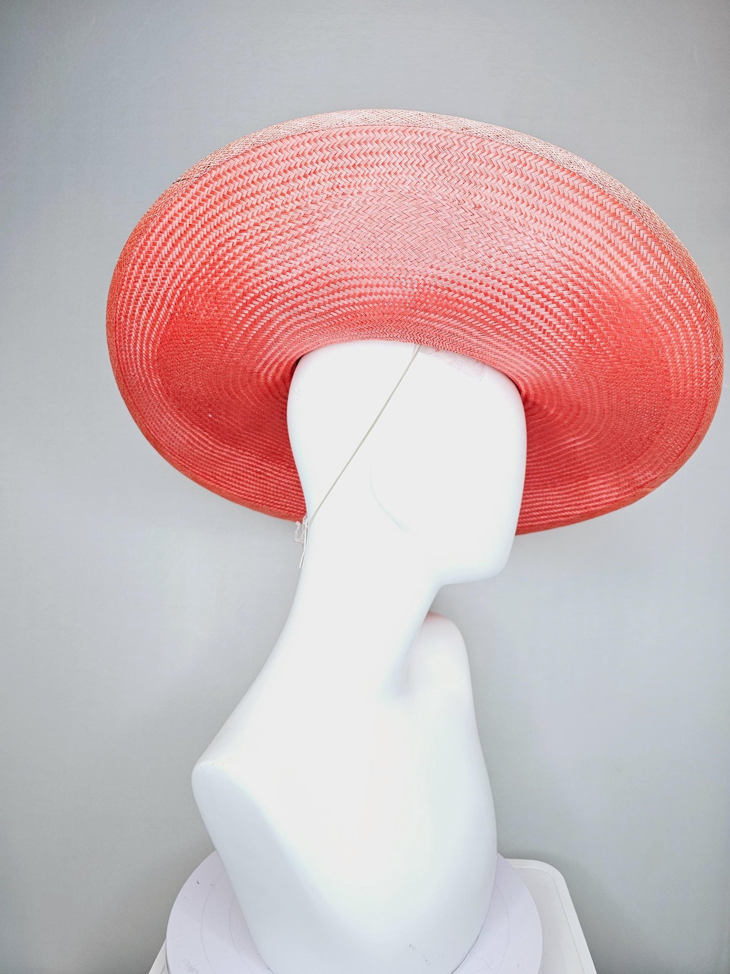 kentucky derby hat wide brim straw in coral orange with pink branching feathers hot pink satin roses green light pink gold leaves